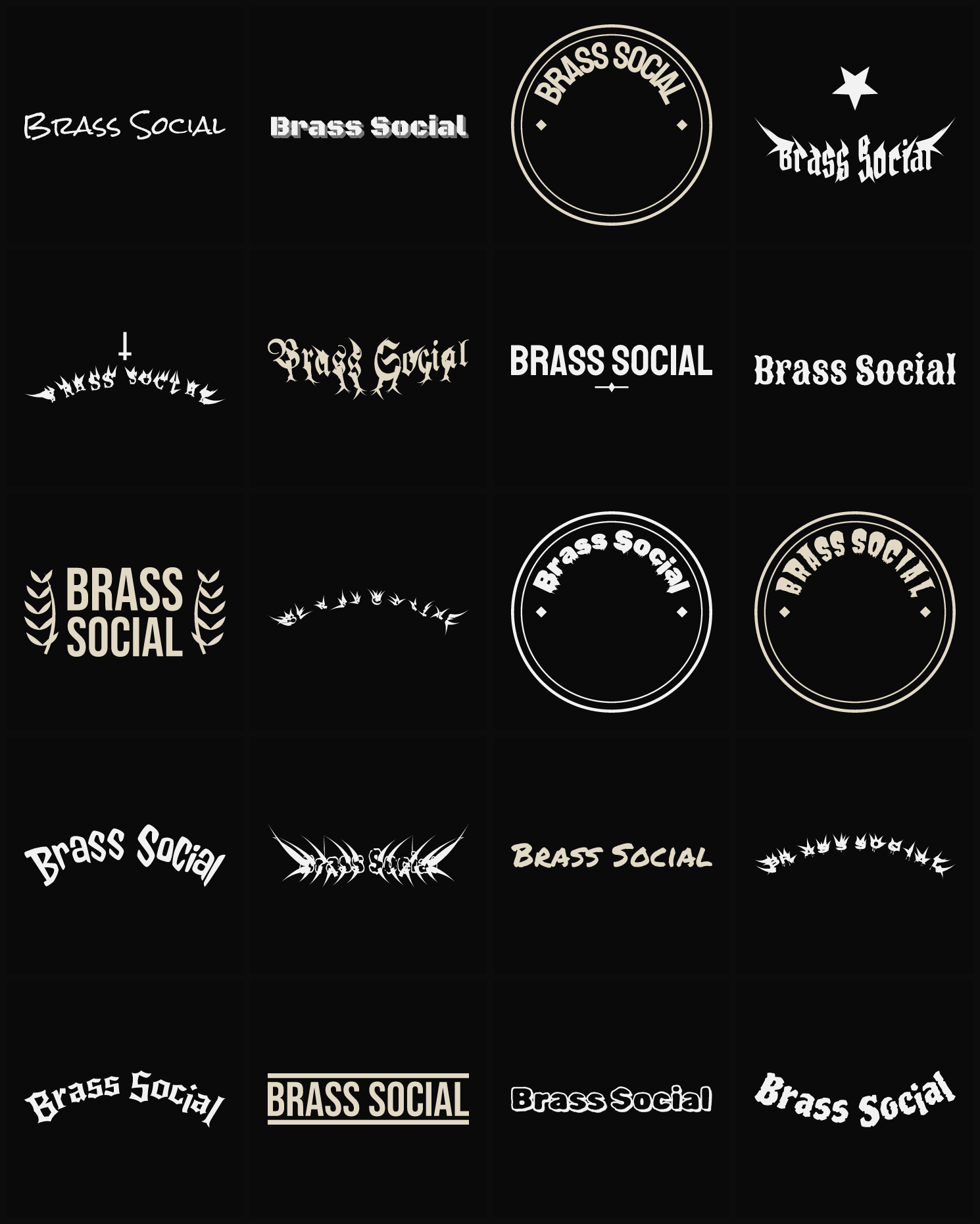 Twenty Brass Social band logo ideas — different faces, treatments and spike settings