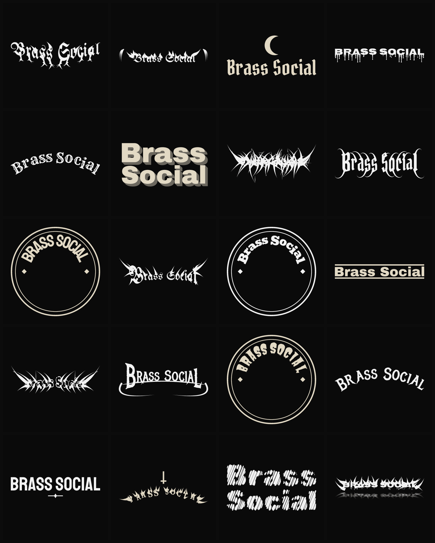 Twenty Brass Social band logo ideas — different faces, treatments and spike settings