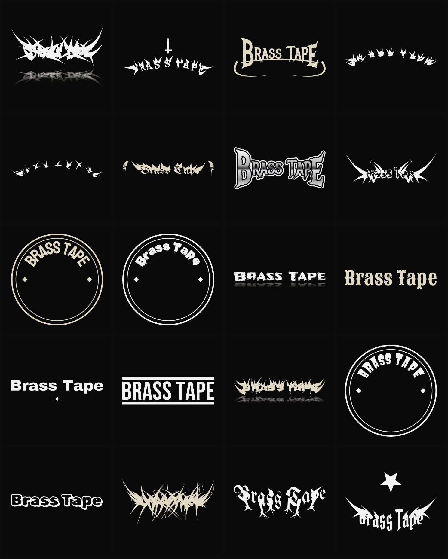 Twenty Brass Tape band logo ideas — different faces, treatments and spike settings