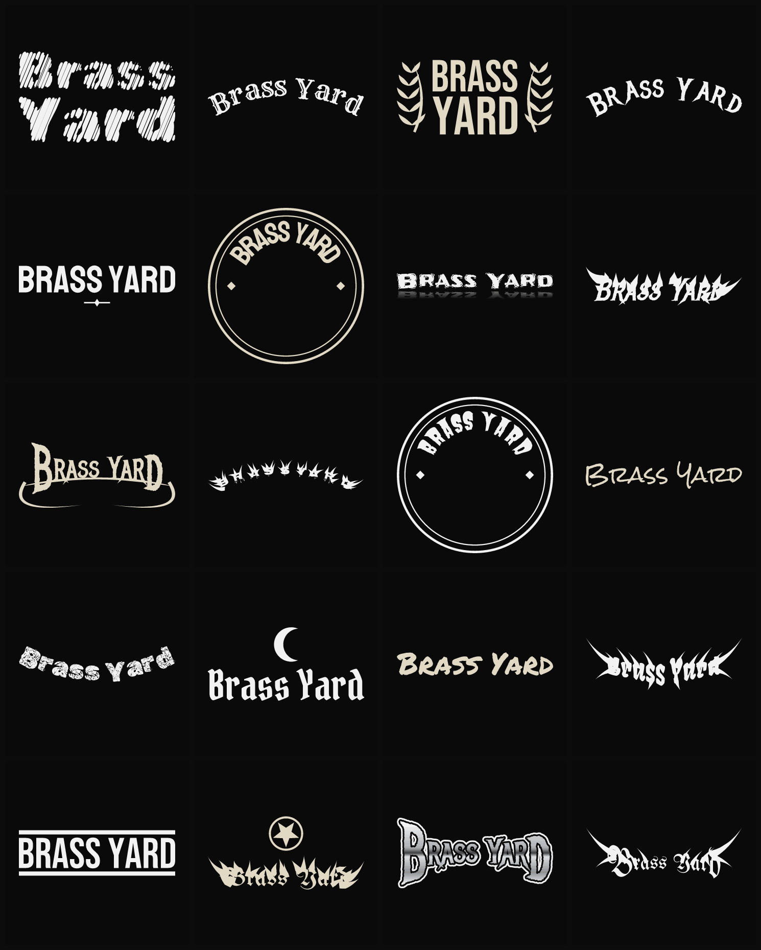 Twenty Brass Yard band logo ideas — different faces, treatments and spike settings