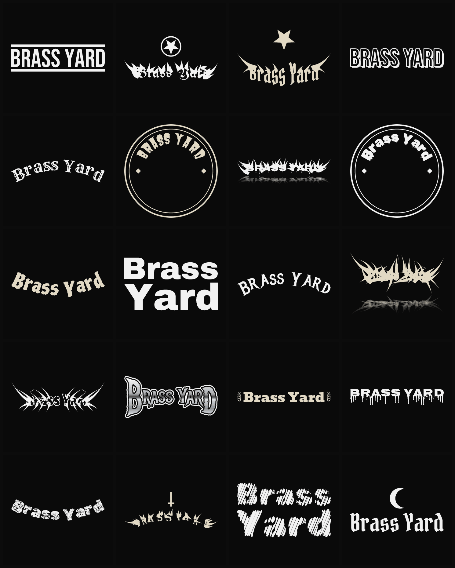 Twenty Brass Yard band logo ideas — different faces, treatments and spike settings