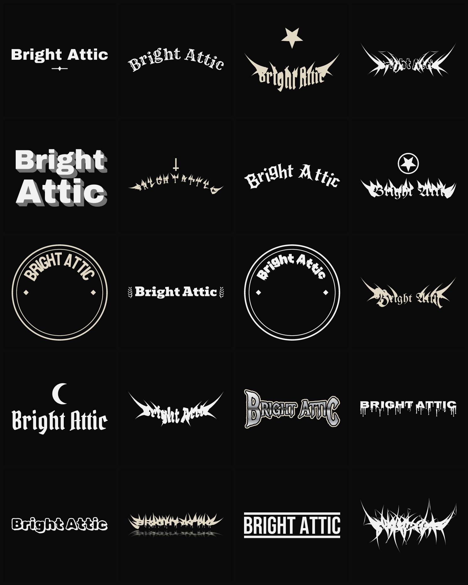 Twenty Bright Attic band logo ideas — different faces, treatments and spike settings