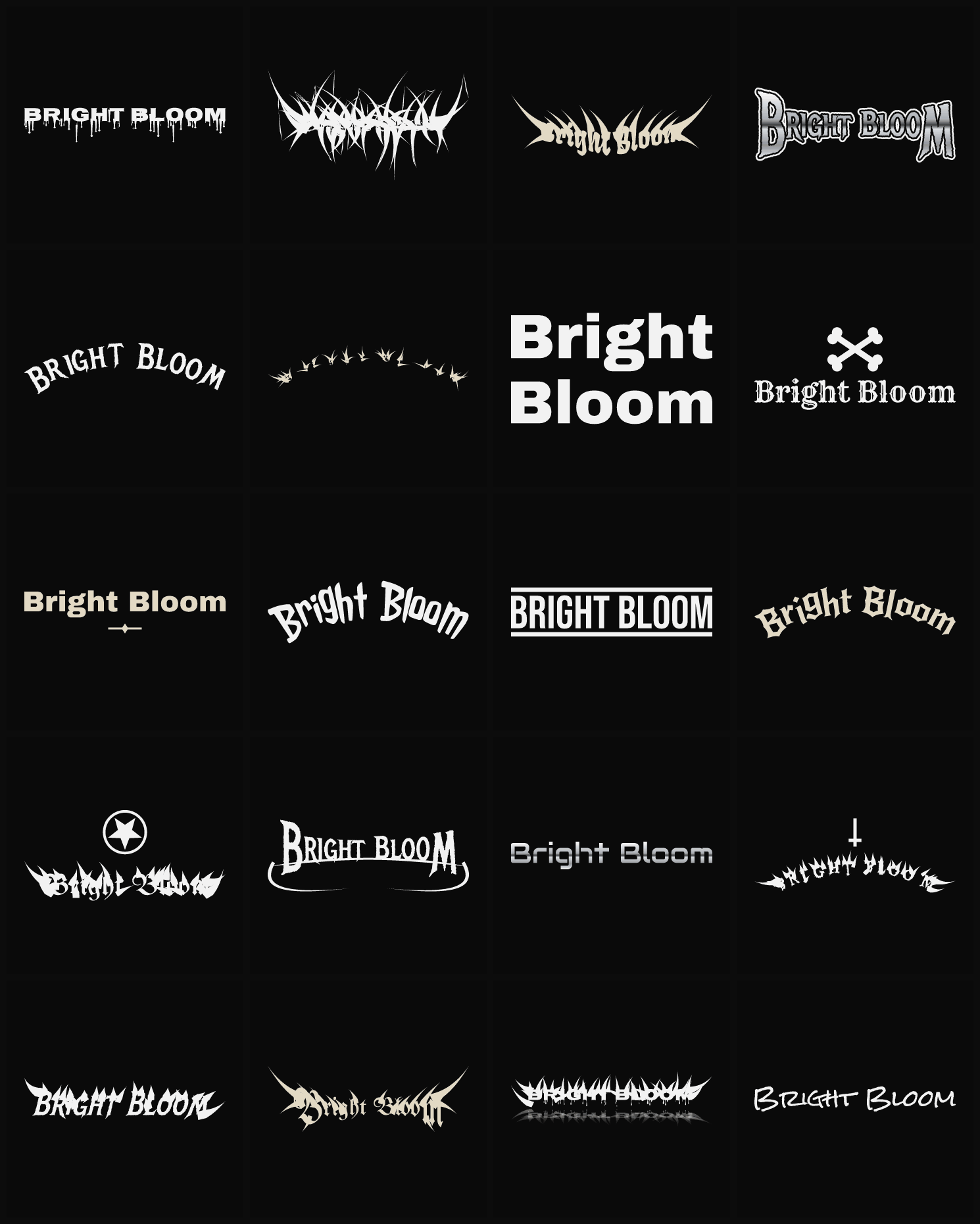 Twenty Bright Bloom band logo ideas — different faces, treatments and spike settings