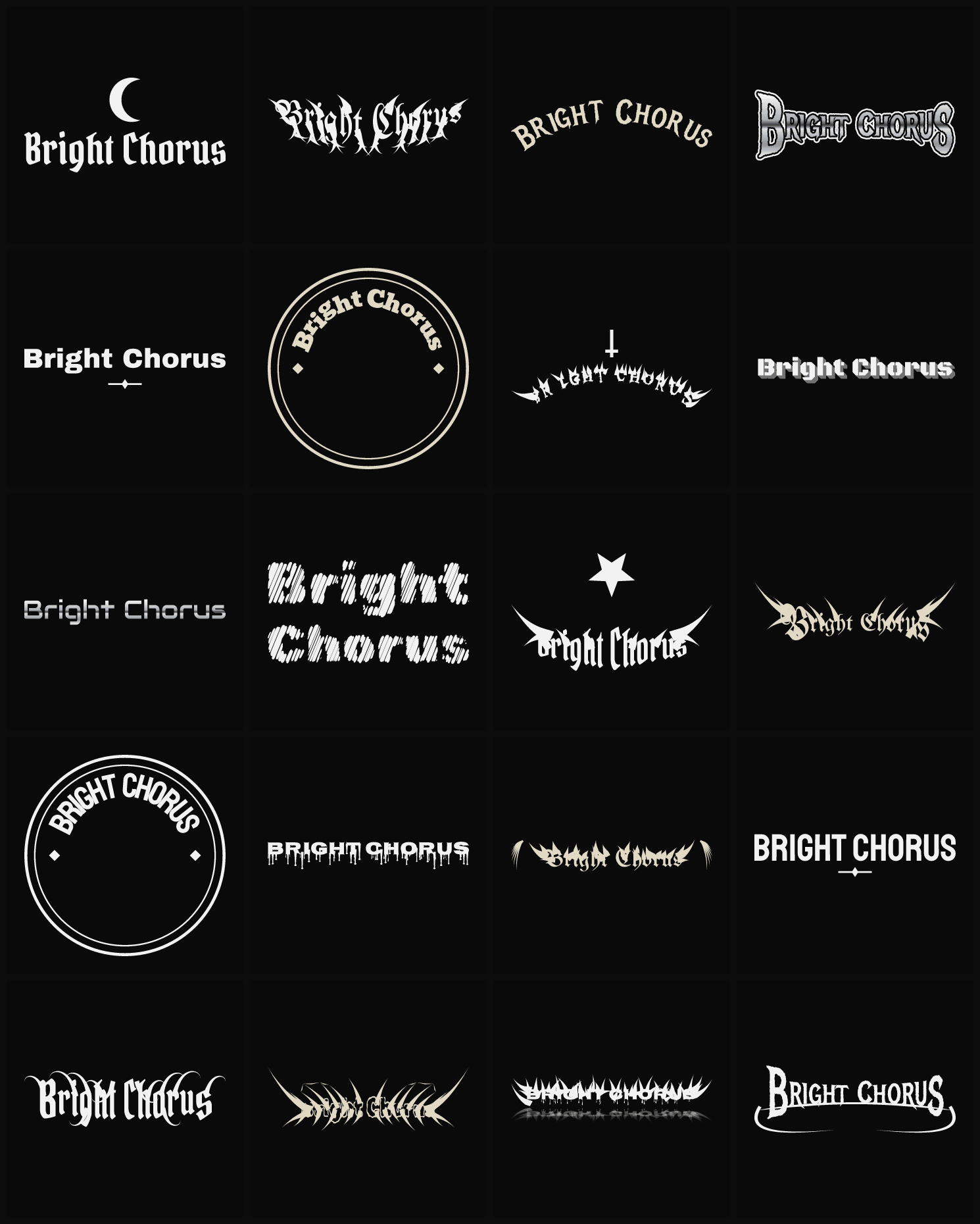 Twenty Bright Chorus band logo ideas — different faces, treatments and spike settings