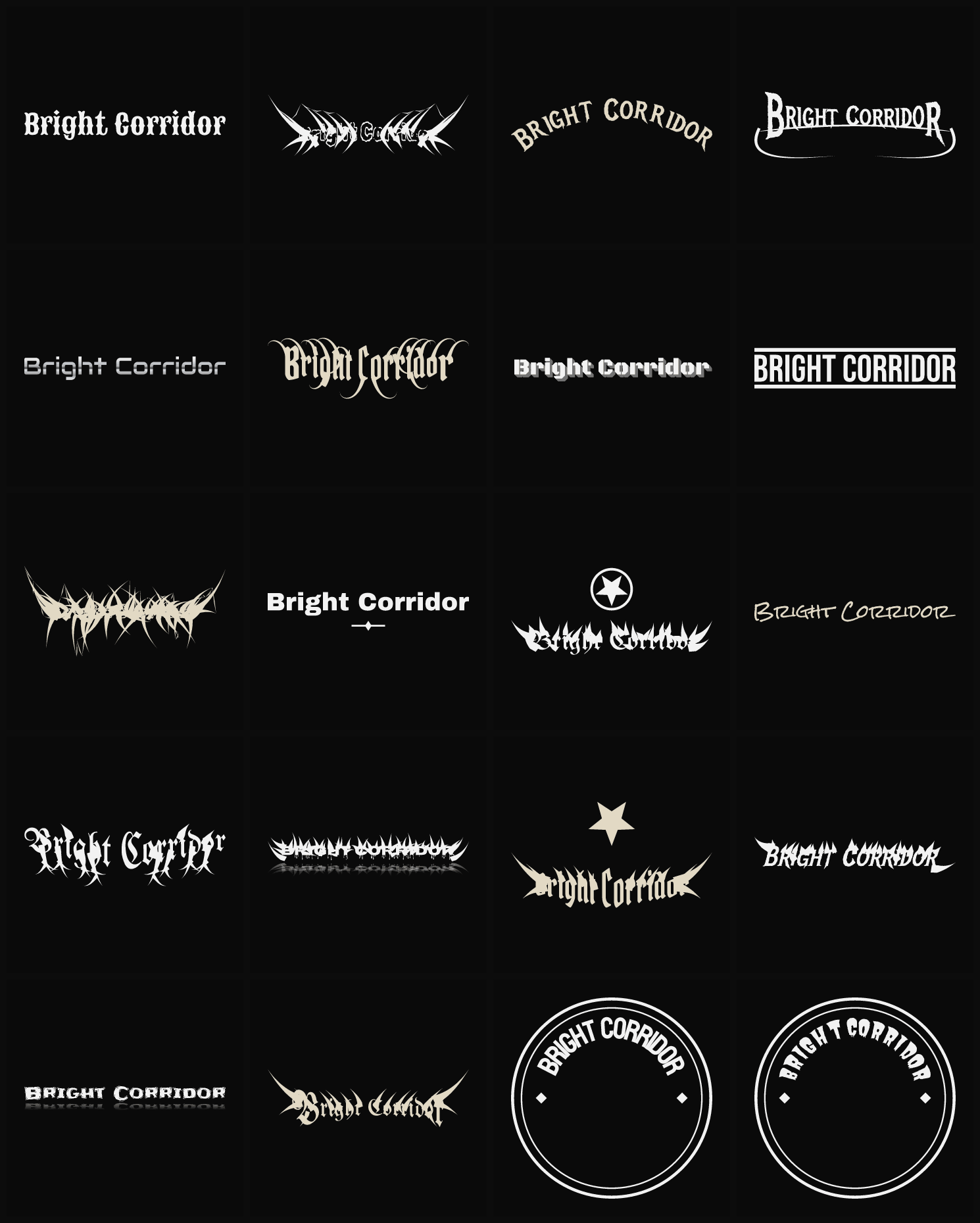 Twenty Bright Corridor band logo ideas — different faces, treatments and spike settings