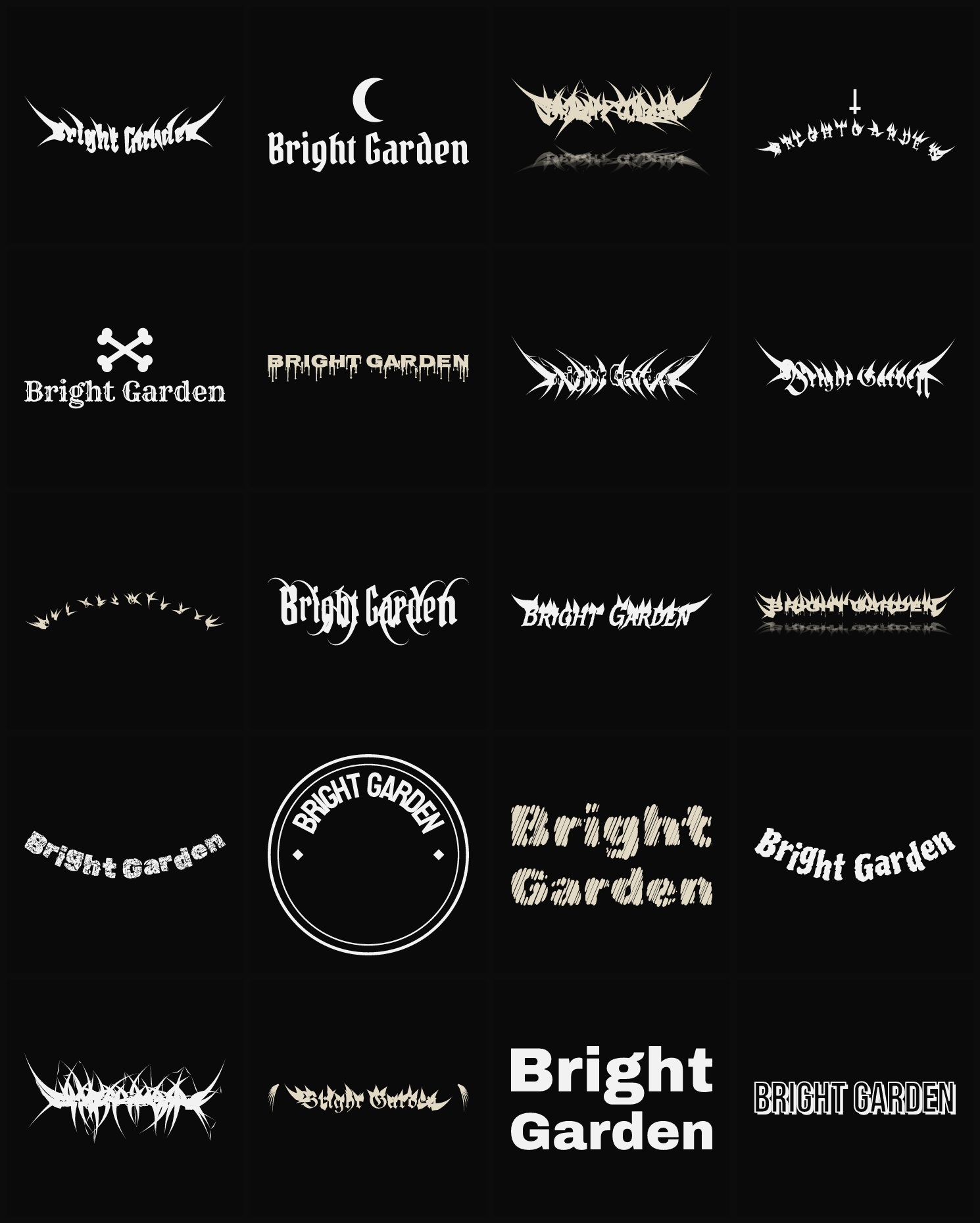 Twenty Bright Garden band logo ideas — different faces, treatments and spike settings