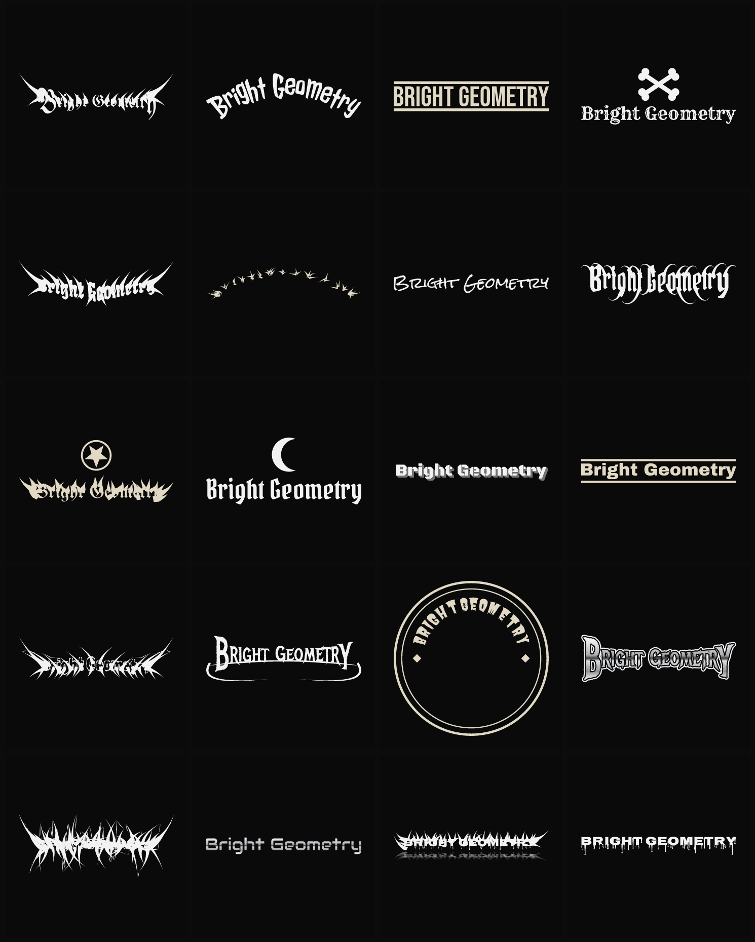 Twenty Bright Geometry band logo ideas — different faces, treatments and spike settings