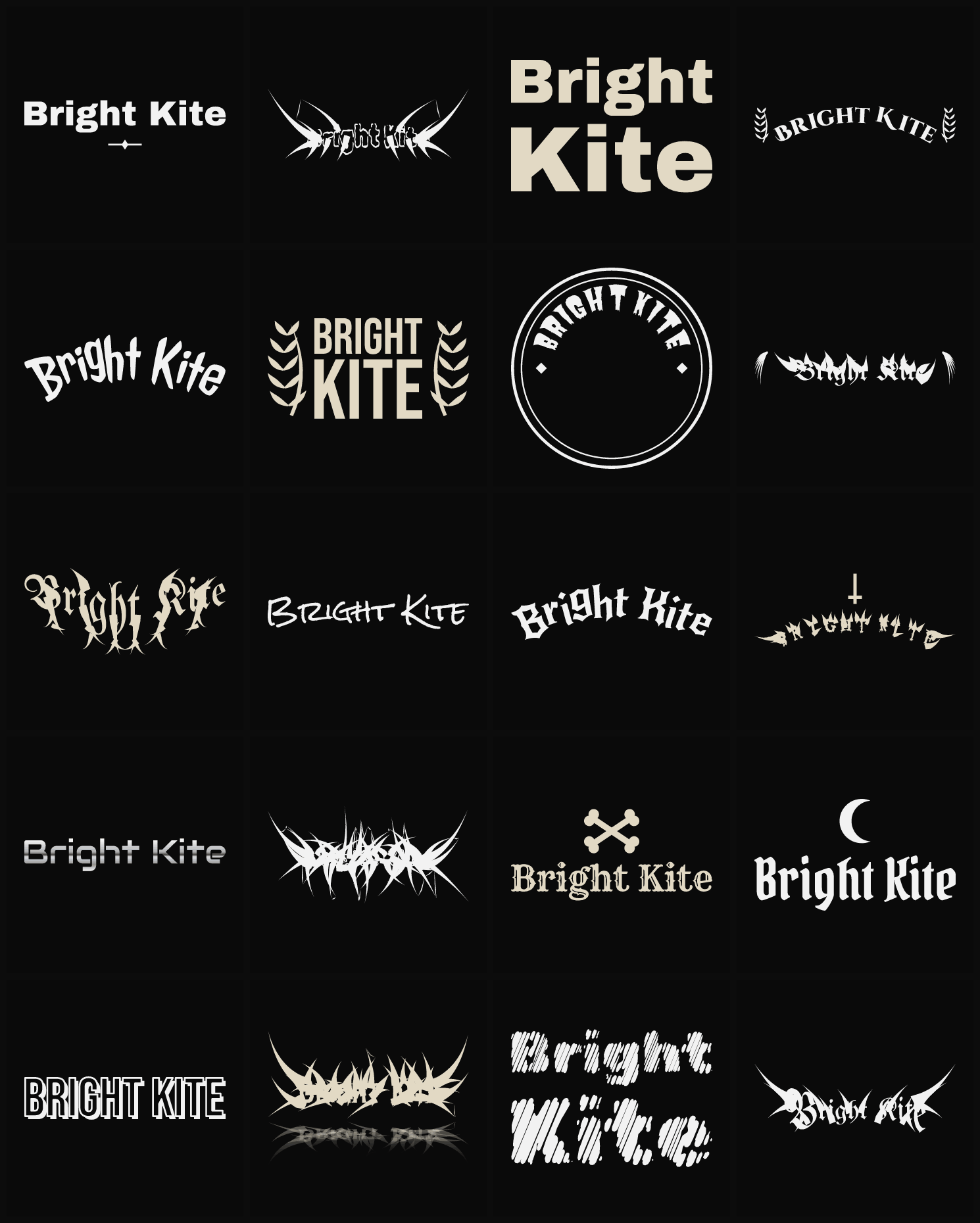 Twenty Bright Kite band logo ideas — different faces, treatments and spike settings