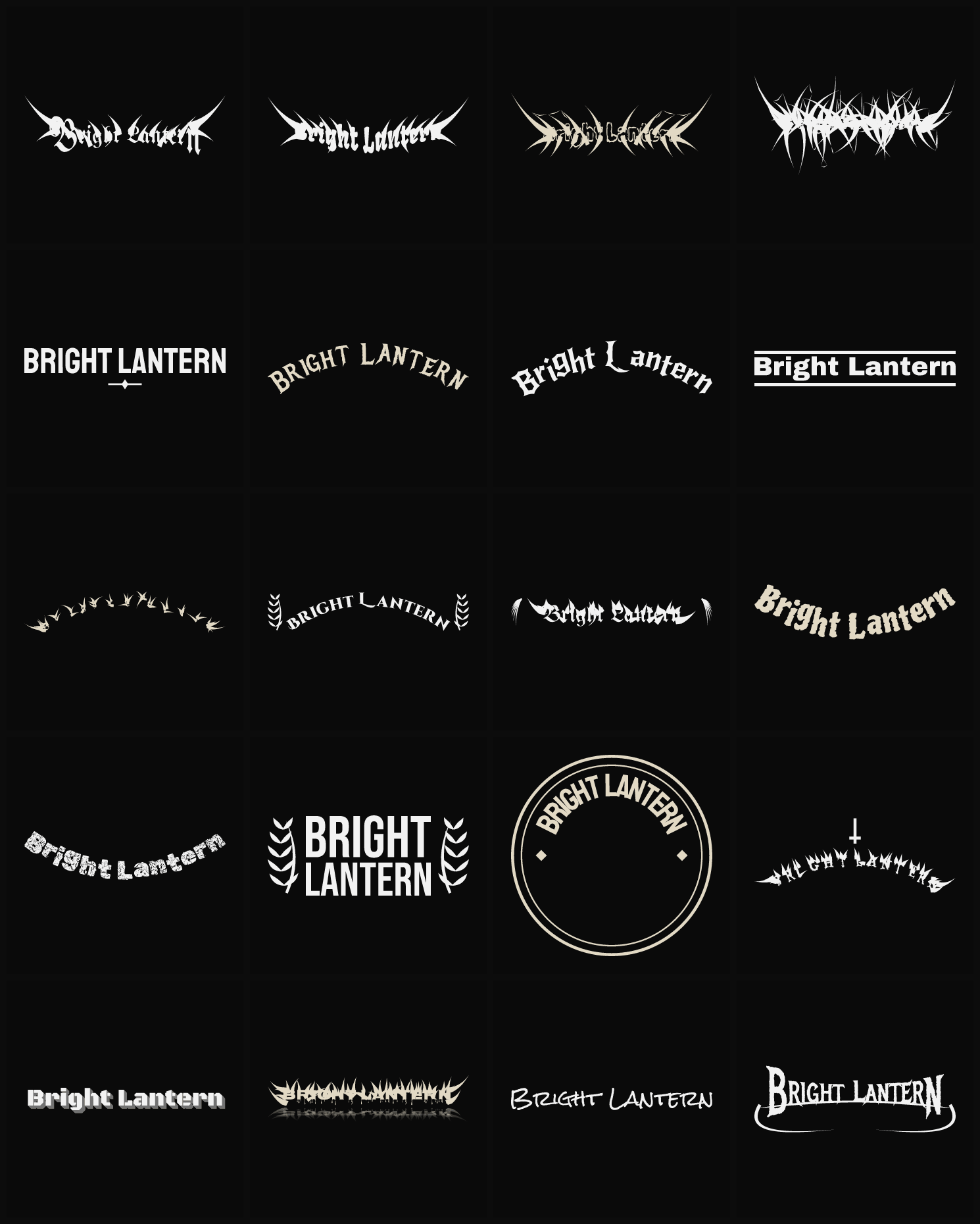 Twenty Bright Lantern band logo ideas — different faces, treatments and spike settings