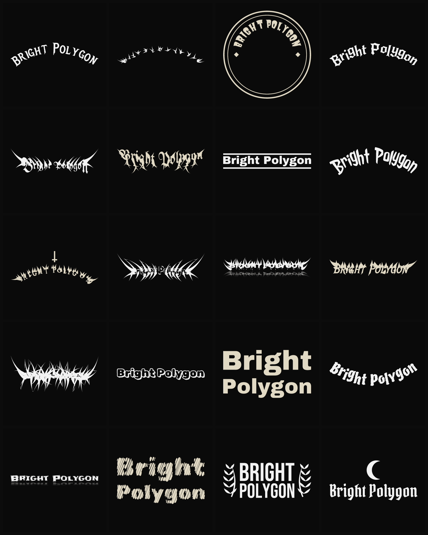 Twenty Bright Polygon band logo ideas — different faces, treatments and spike settings