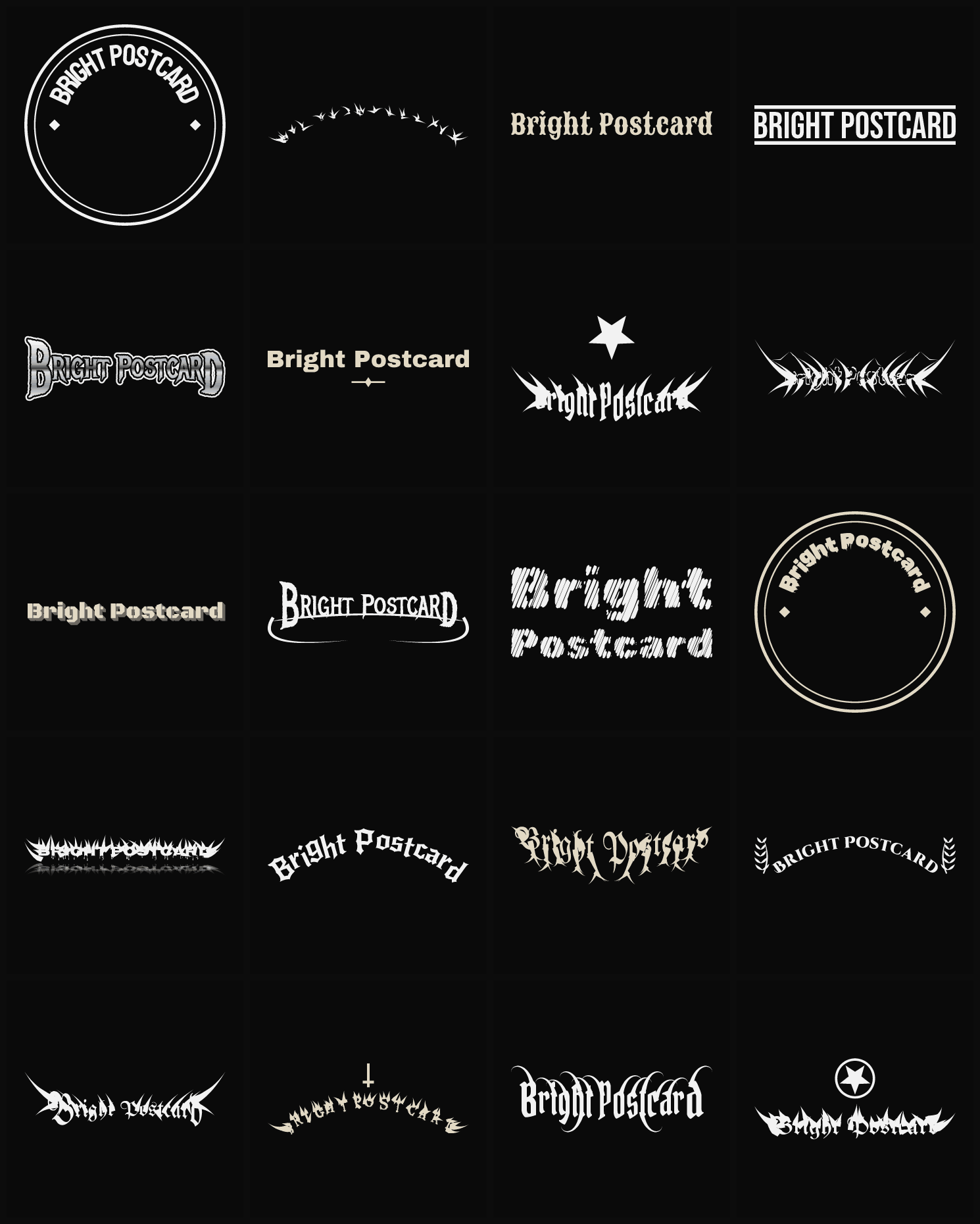 Twenty Bright Postcard band logo ideas — different faces, treatments and spike settings