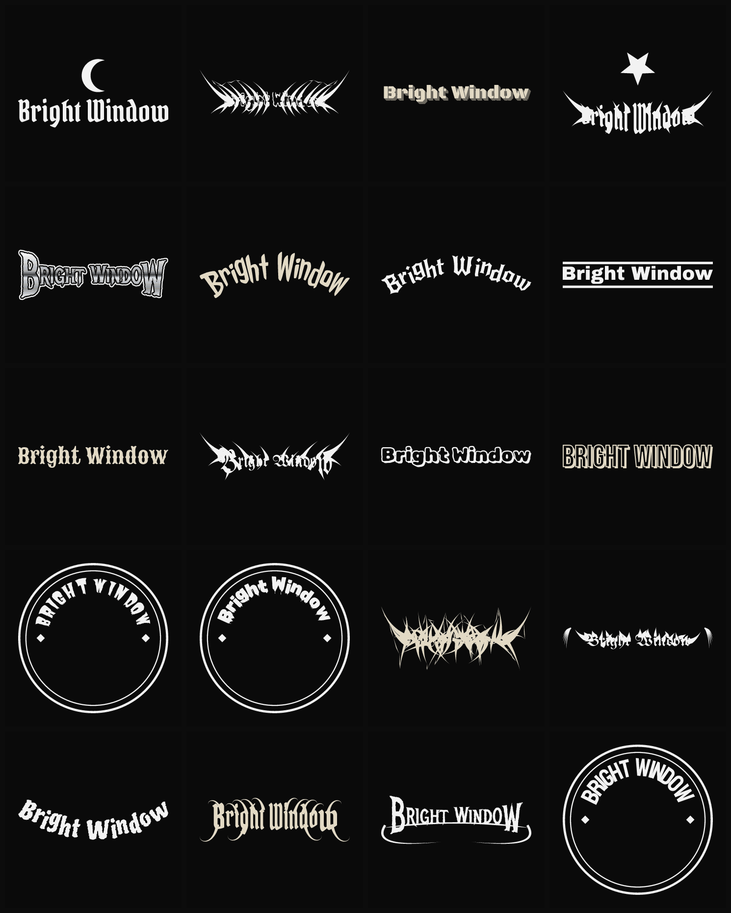 Twenty Bright Window band logo ideas — different faces, treatments and spike settings