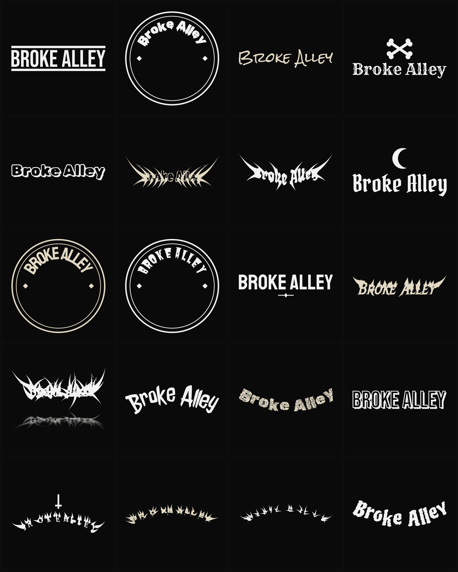 Twenty Broke Alley band logo ideas — different faces, treatments and spike settings