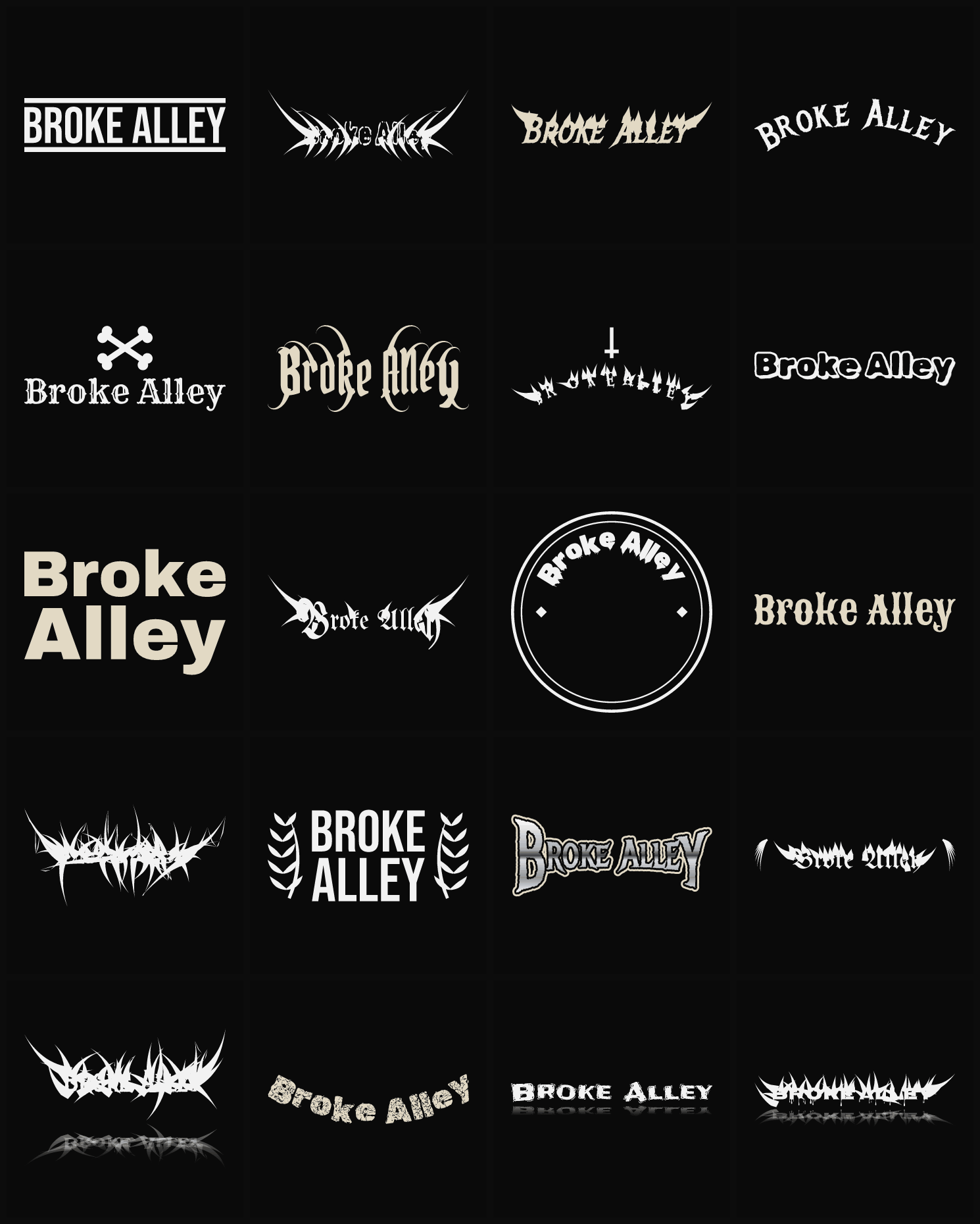 Twenty Broke Alley band logo ideas — different faces, treatments and spike settings