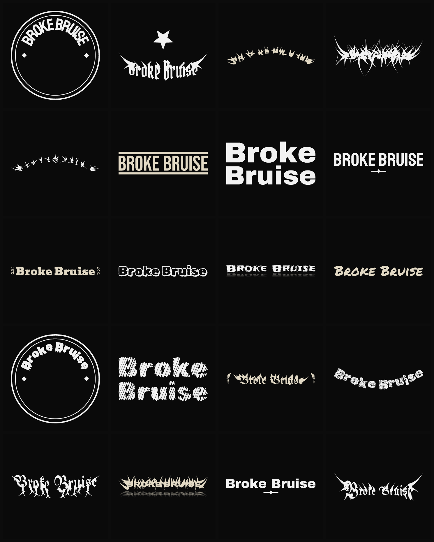Twenty Broke Bruise band logo ideas — different faces, treatments and spike settings
