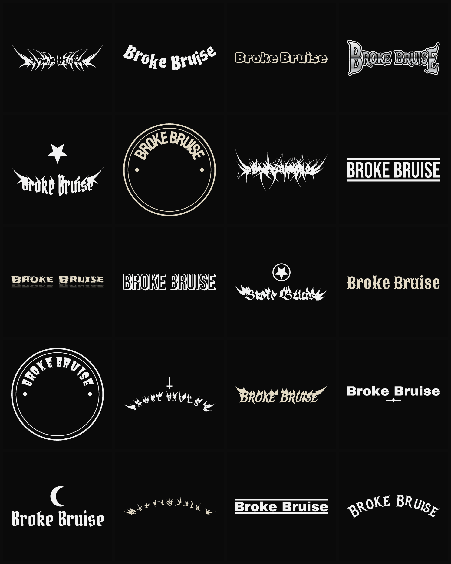 Twenty Broke Bruise band logo ideas — different faces, treatments and spike settings
