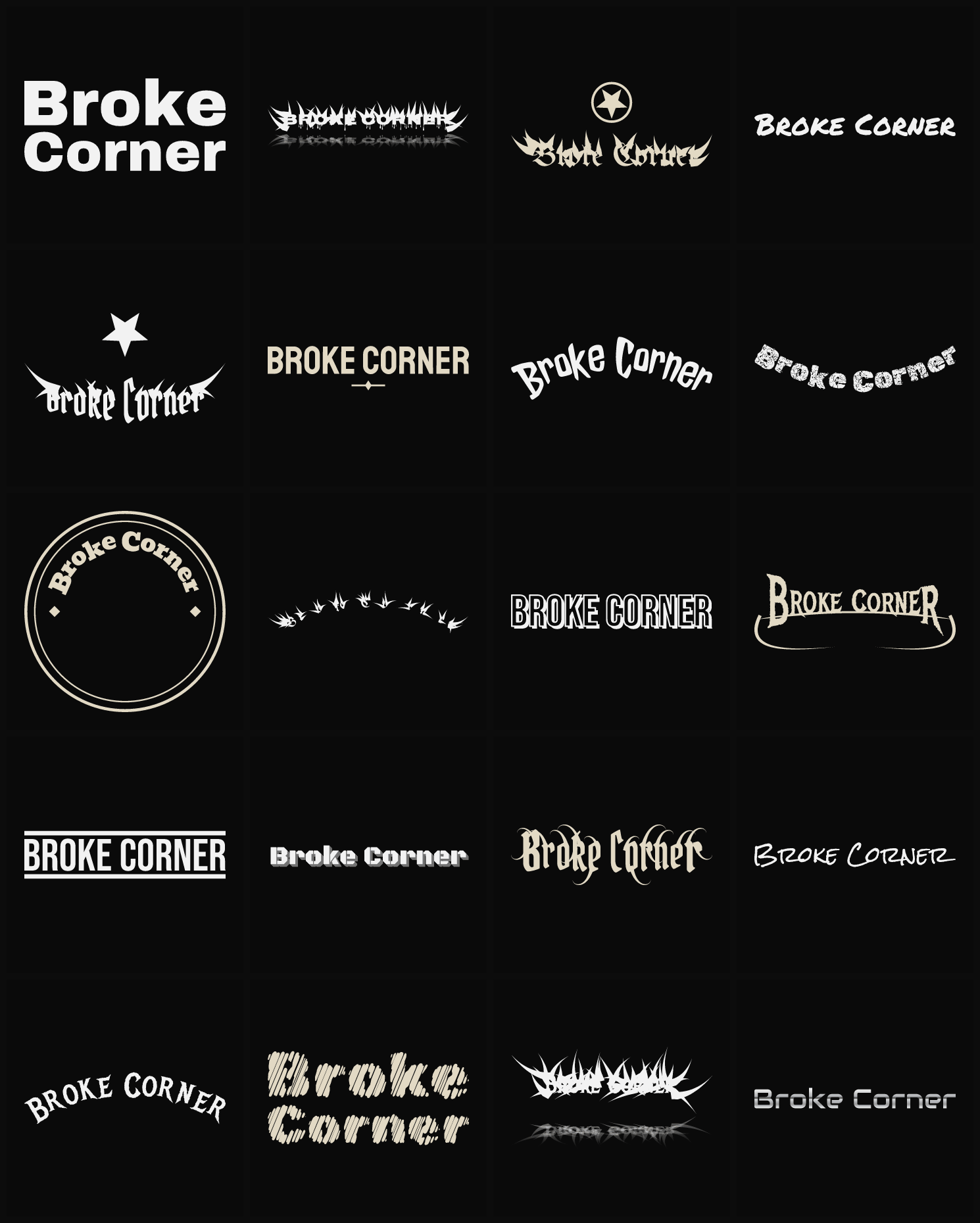 Twenty Broke Corner band logo ideas — different faces, treatments and spike settings