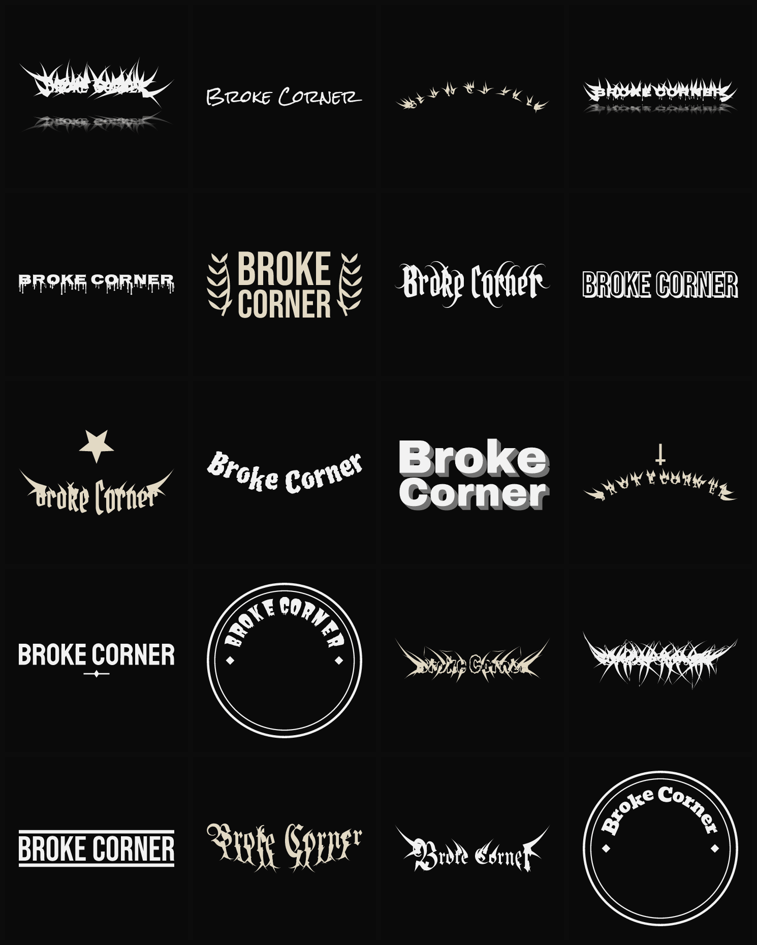 Twenty Broke Corner band logo ideas — different faces, treatments and spike settings