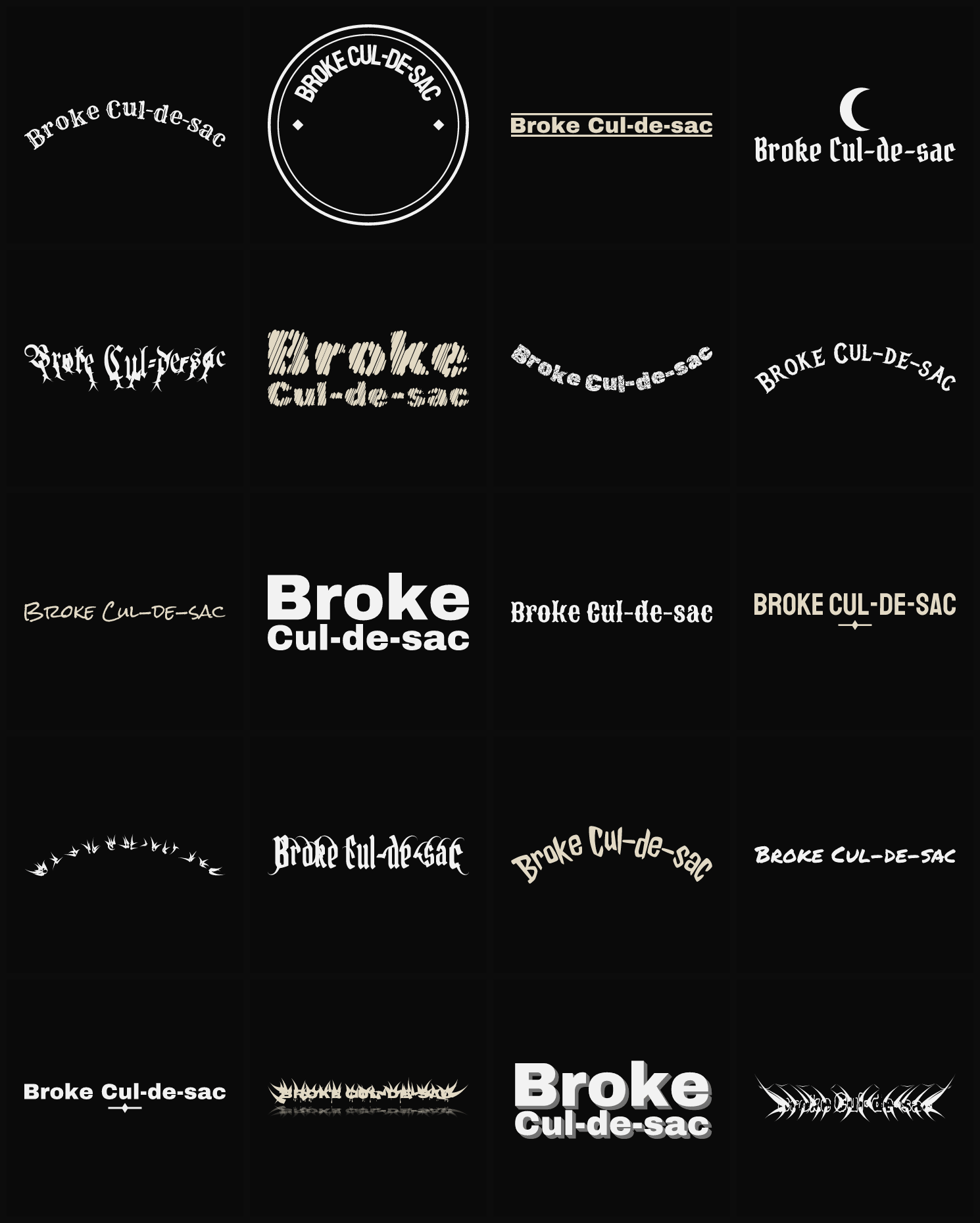 Twenty Broke Cul-de-sac band logo ideas — different faces, treatments and spike settings