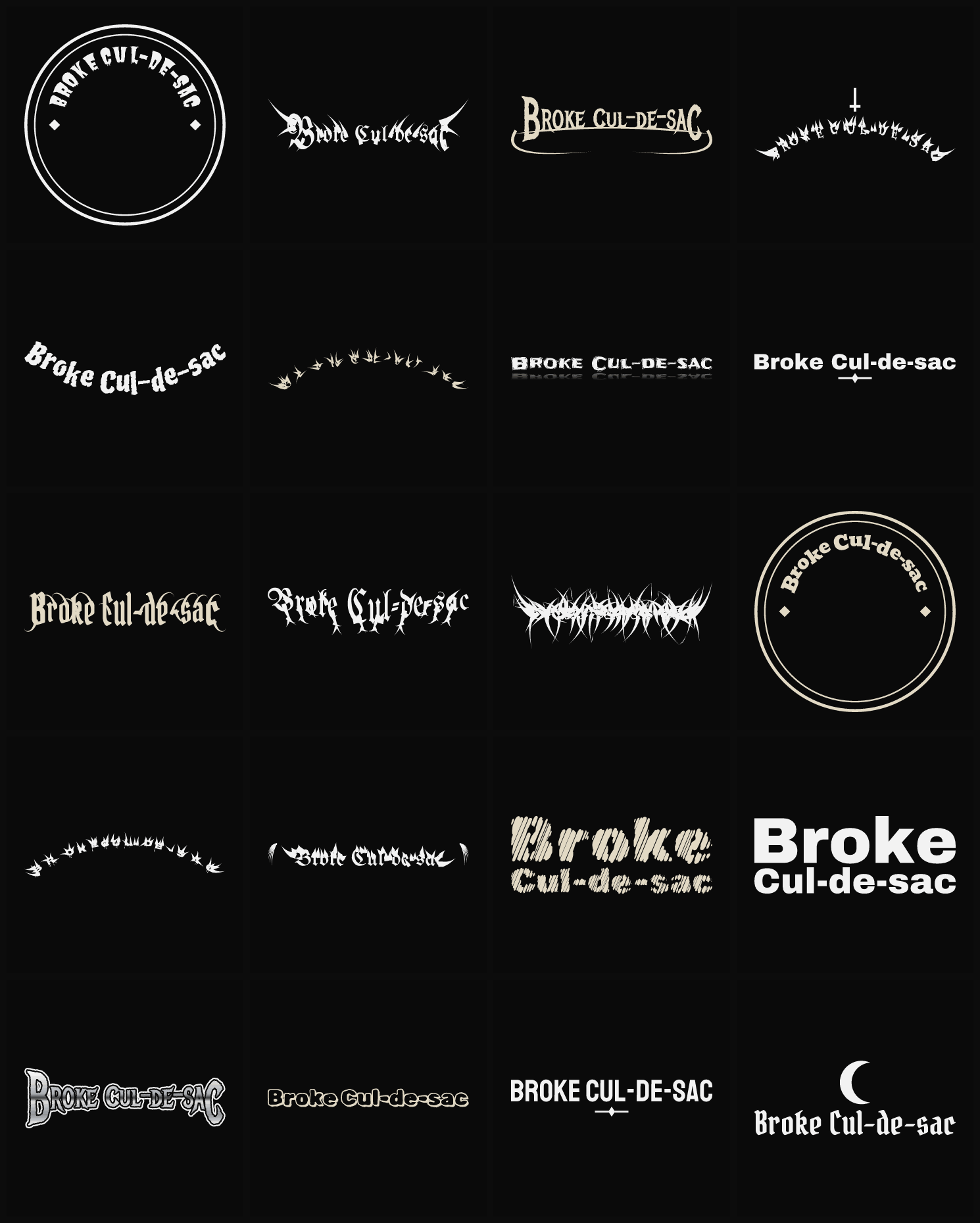 Twenty Broke Cul-de-sac band logo ideas — different faces, treatments and spike settings