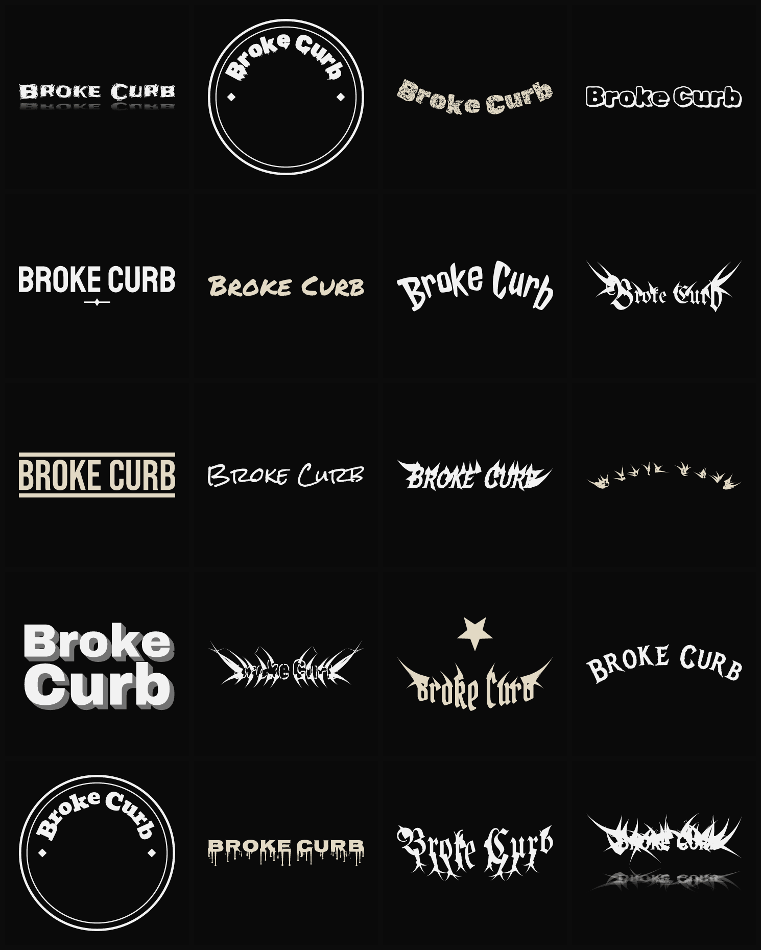 Twenty Broke Curb band logo ideas — different faces, treatments and spike settings