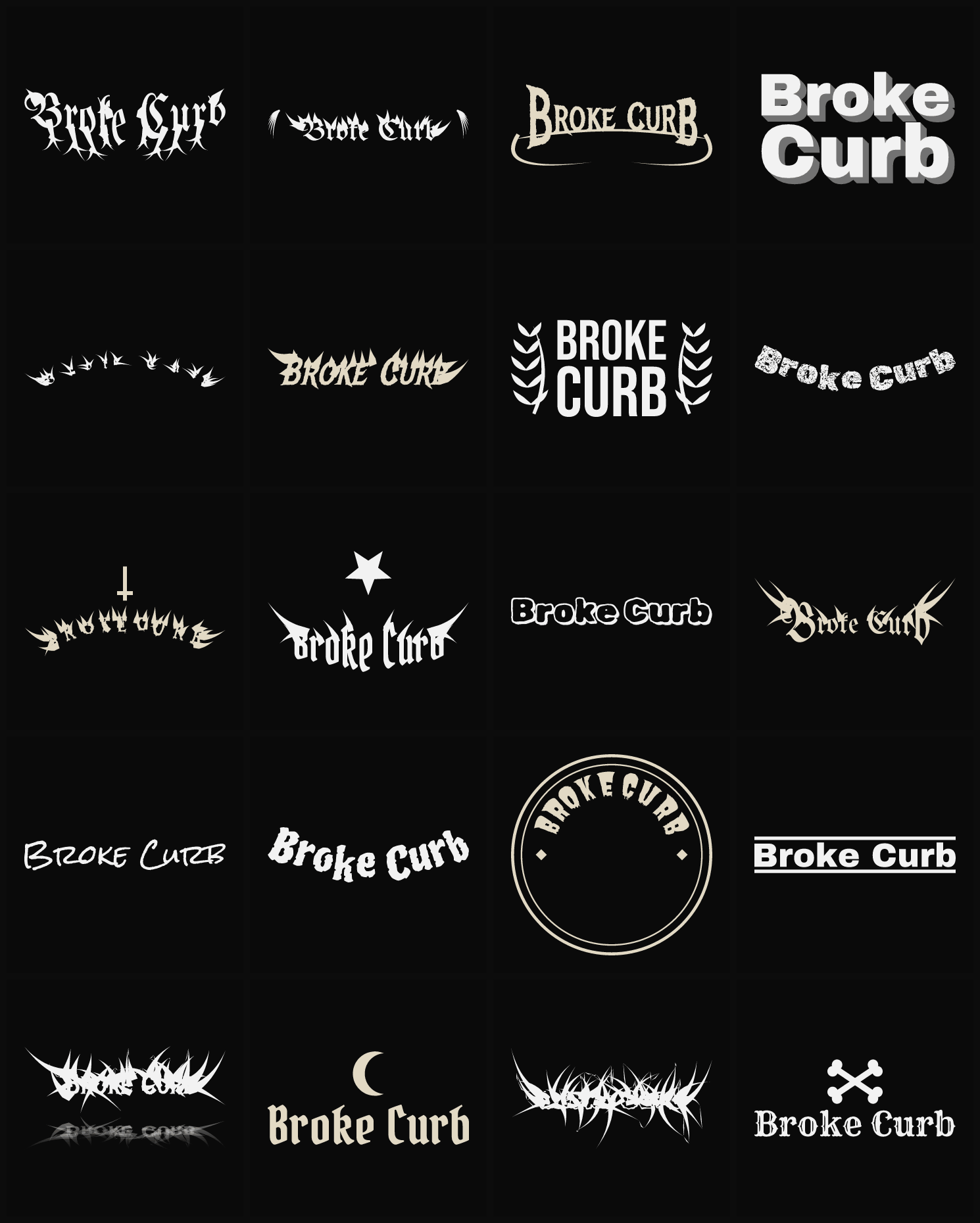 Twenty Broke Curb band logo ideas — different faces, treatments and spike settings