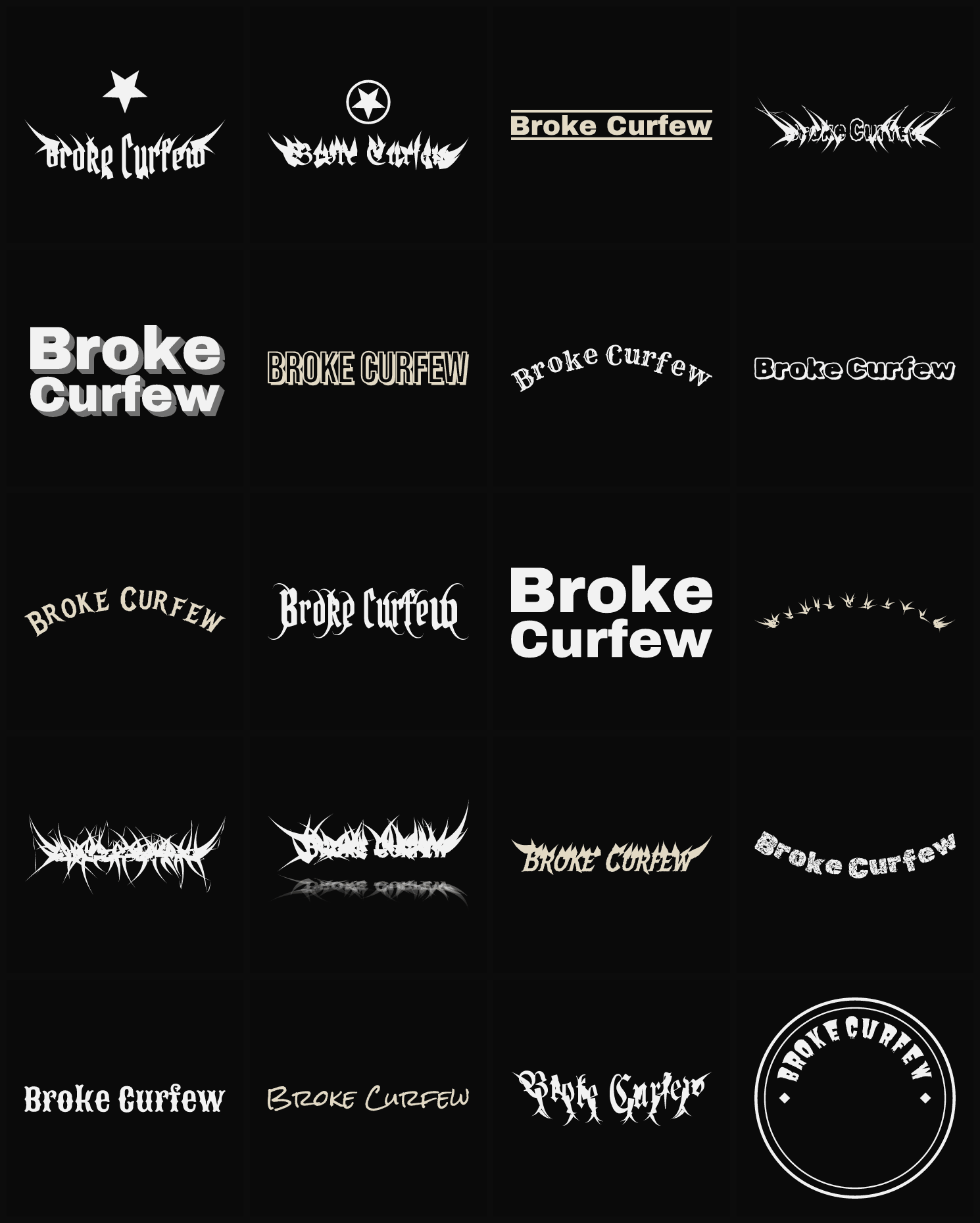 Twenty Broke Curfew band logo ideas — different faces, treatments and spike settings