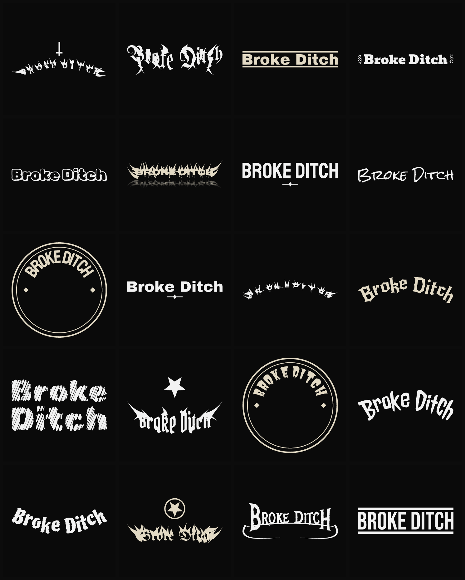 Twenty Broke Ditch band logo ideas — different faces, treatments and spike settings