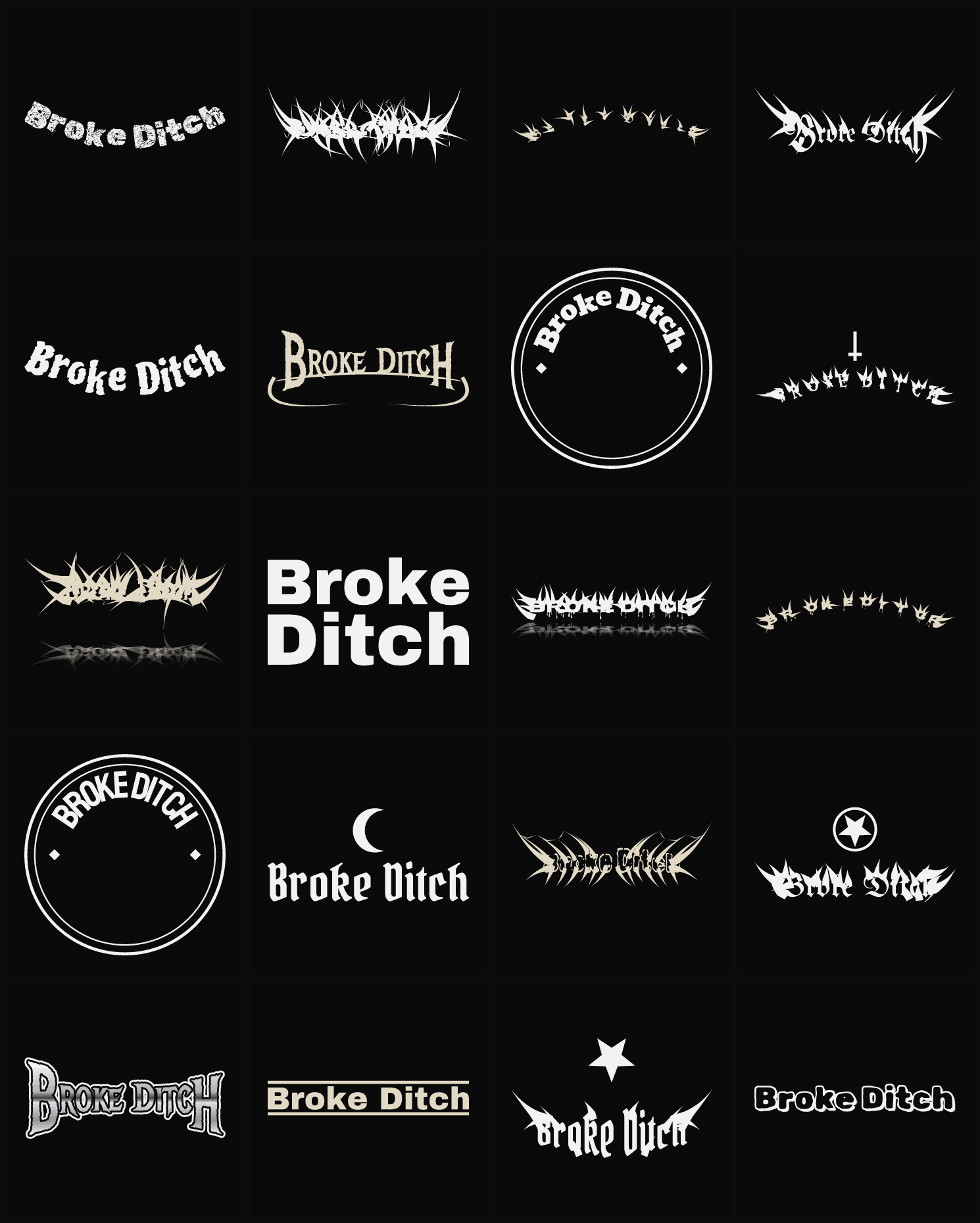 Twenty Broke Ditch band logo ideas — different faces, treatments and spike settings