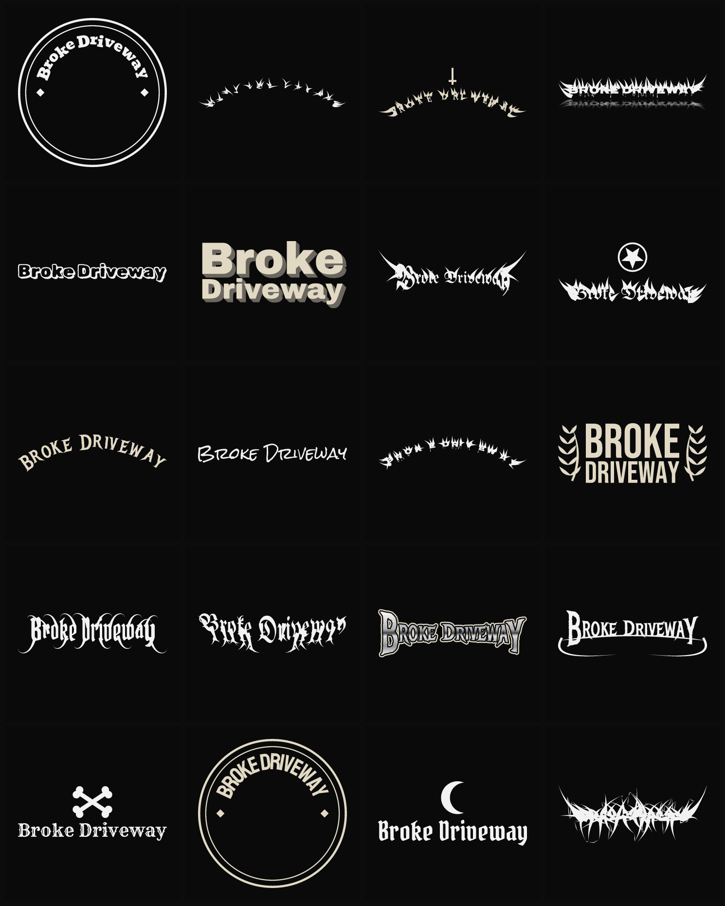 Twenty Broke Driveway band logo ideas — different faces, treatments and spike settings