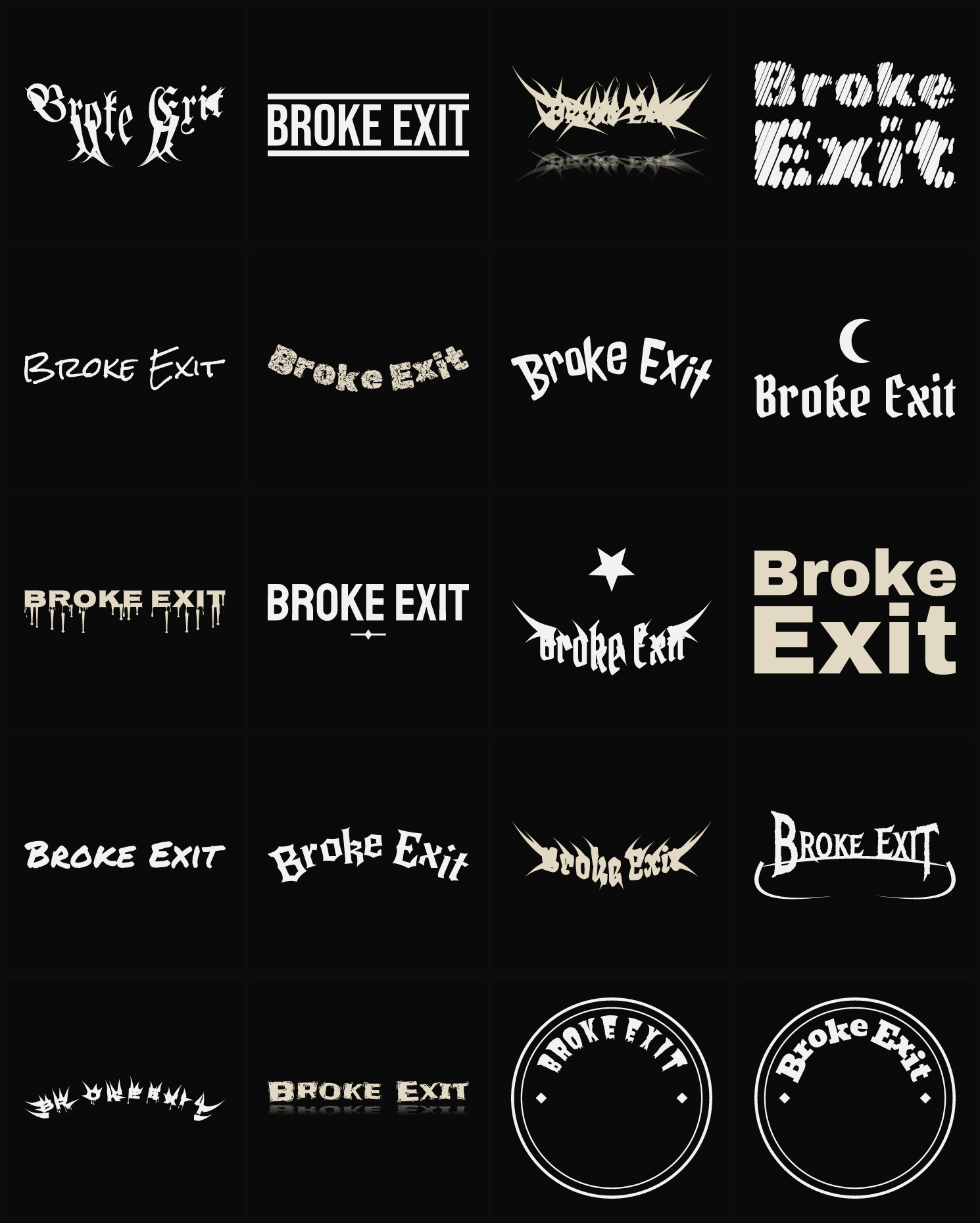 Twenty Broke Exit band logo ideas — different faces, treatments and spike settings