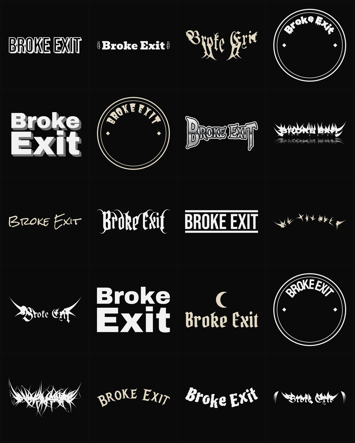 Twenty Broke Exit band logo ideas — different faces, treatments and spike settings