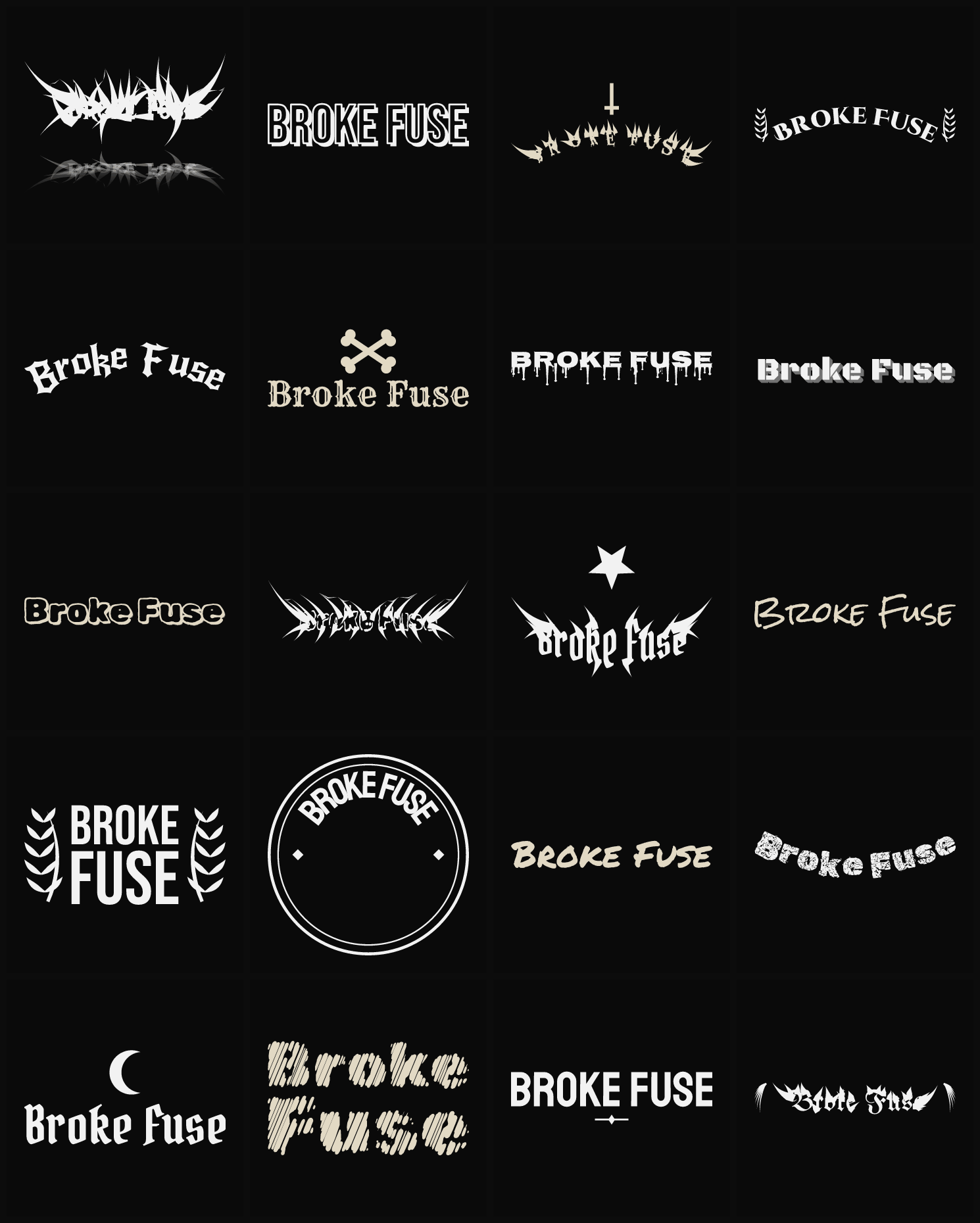 Twenty Broke Fuse band logo ideas — different faces, treatments and spike settings