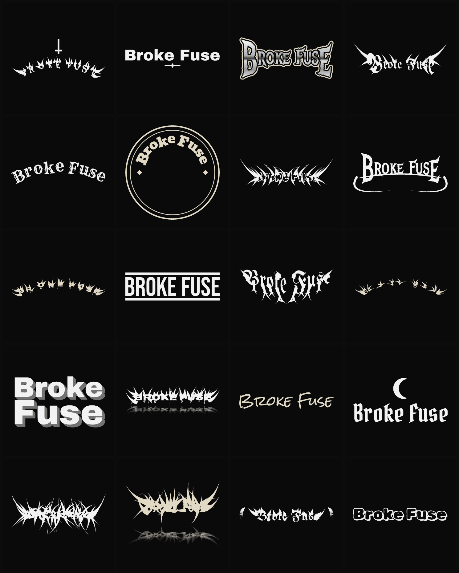 Twenty Broke Fuse band logo ideas — different faces, treatments and spike settings