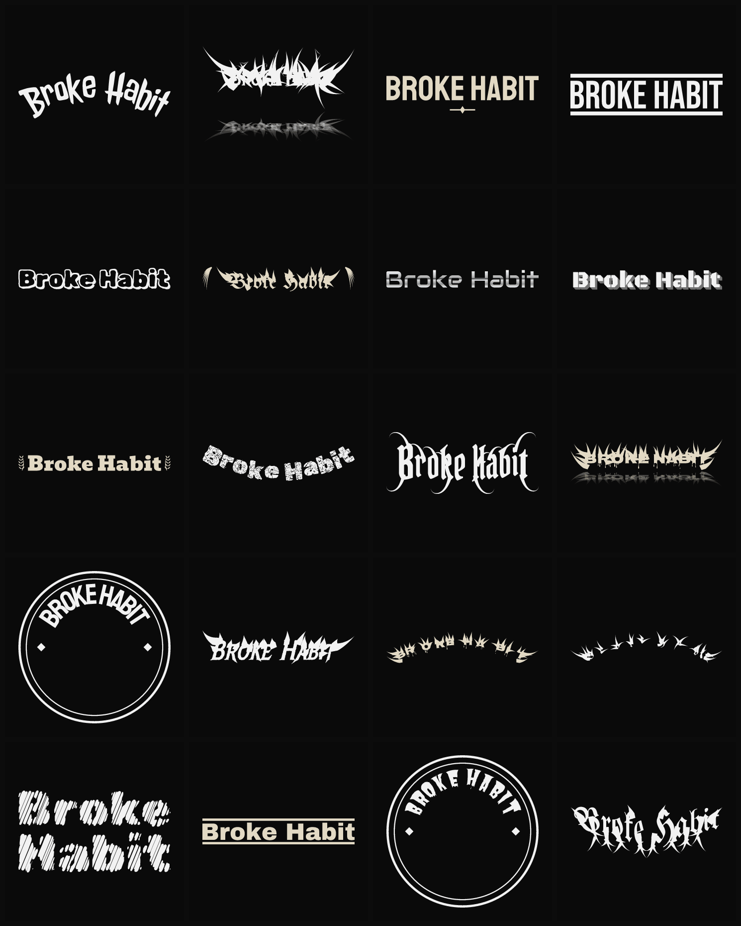 Twenty Broke Habit band logo ideas — different faces, treatments and spike settings