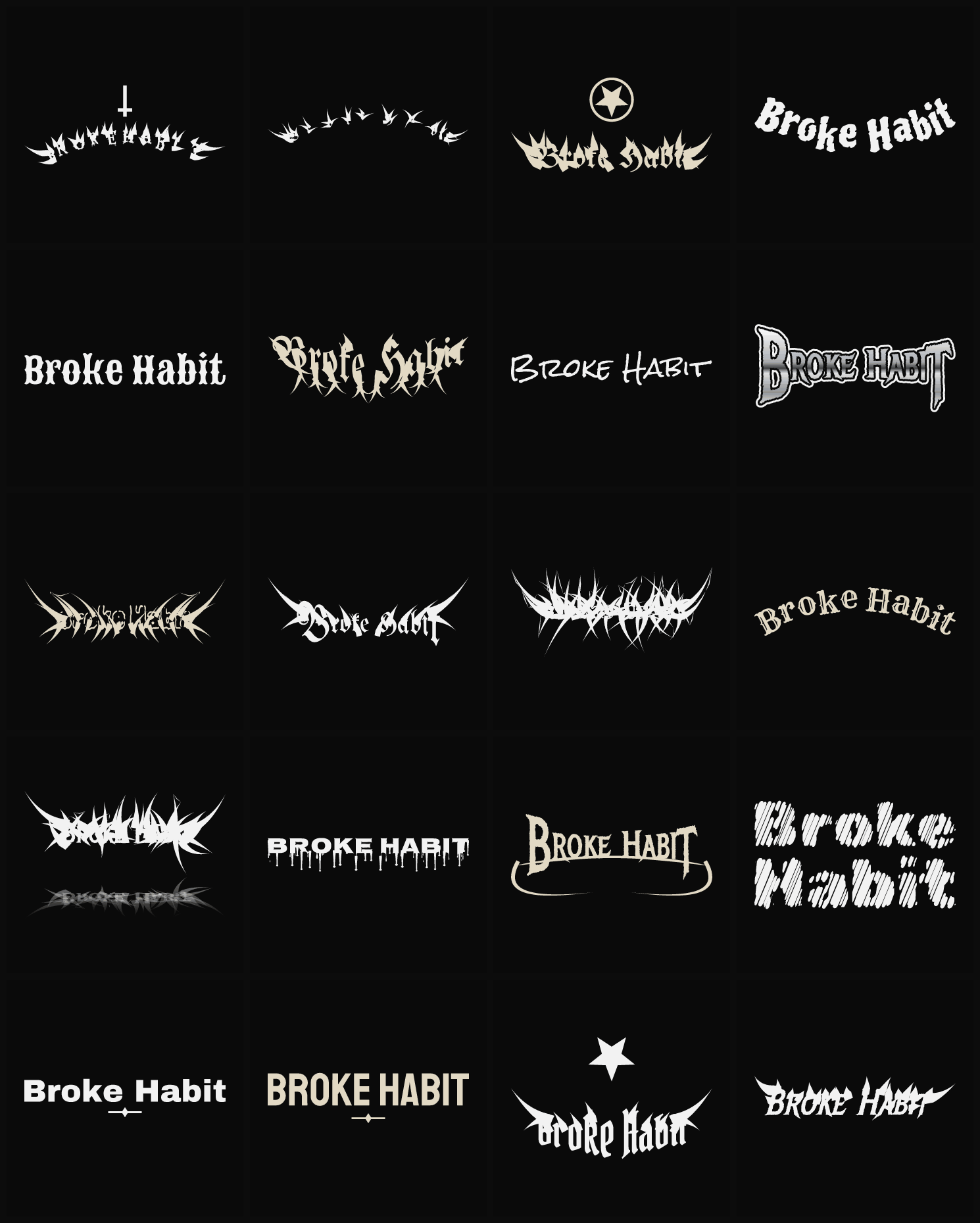Twenty Broke Habit band logo ideas — different faces, treatments and spike settings
