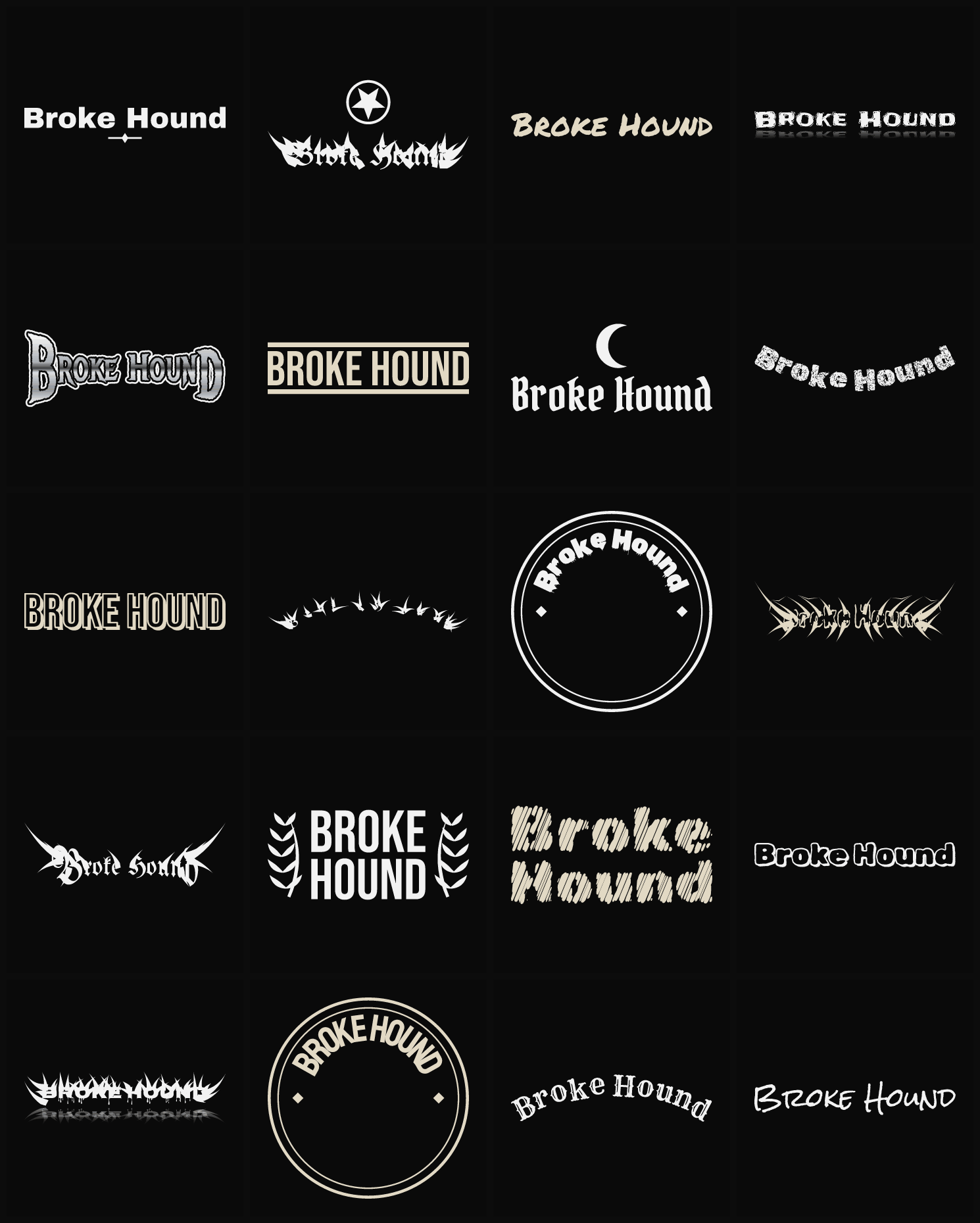 Twenty Broke Hound band logo ideas — different faces, treatments and spike settings