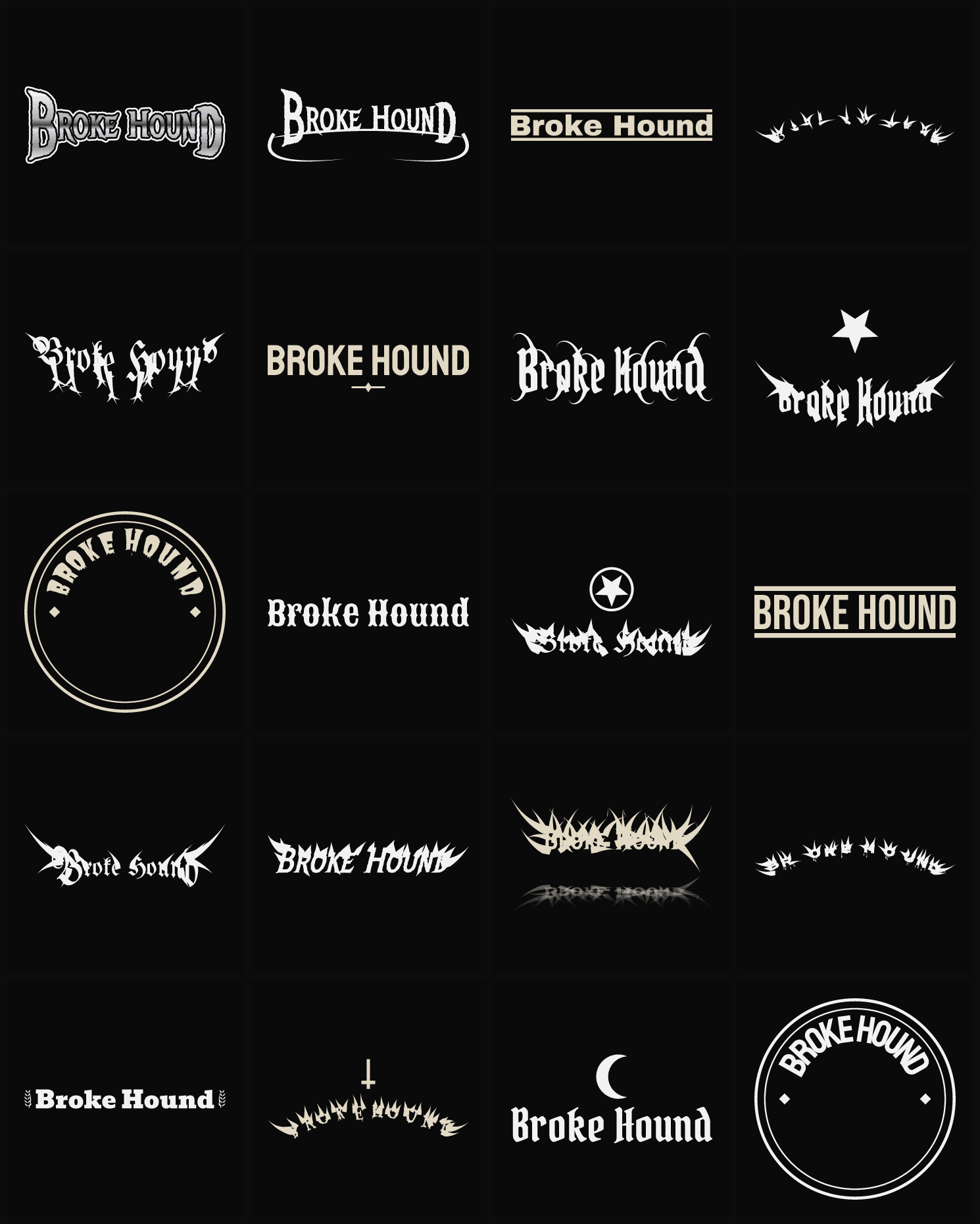 Twenty Broke Hound band logo ideas — different faces, treatments and spike settings