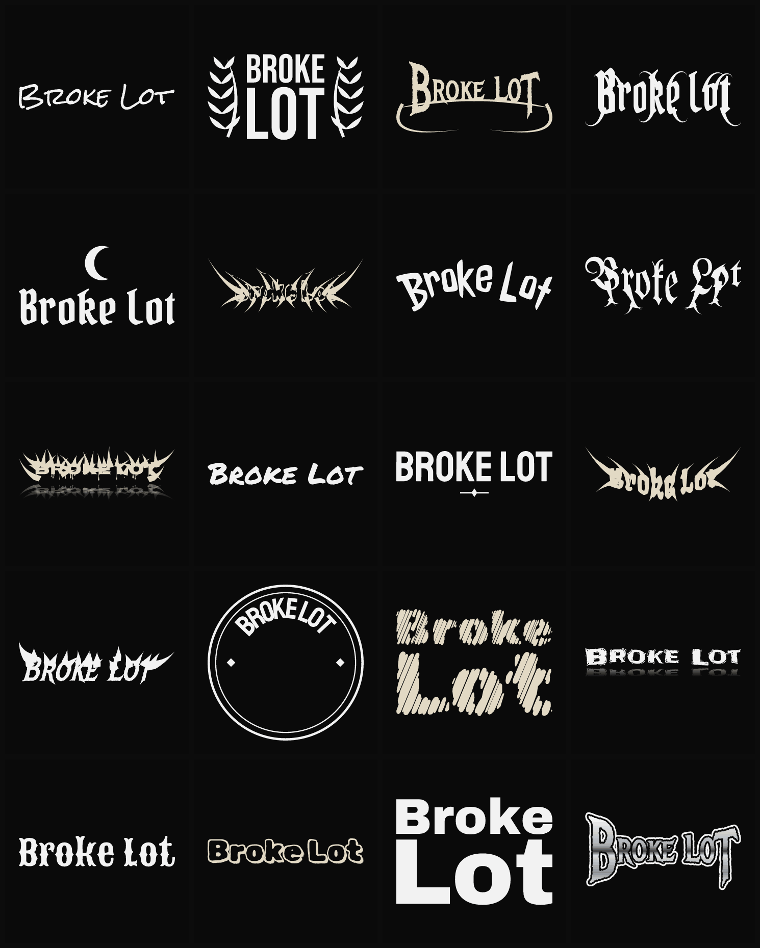 Twenty Broke Lot band logo ideas — different faces, treatments and spike settings