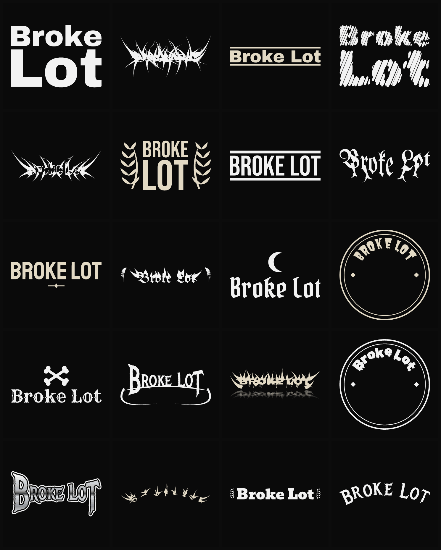 Twenty Broke Lot band logo ideas — different faces, treatments and spike settings