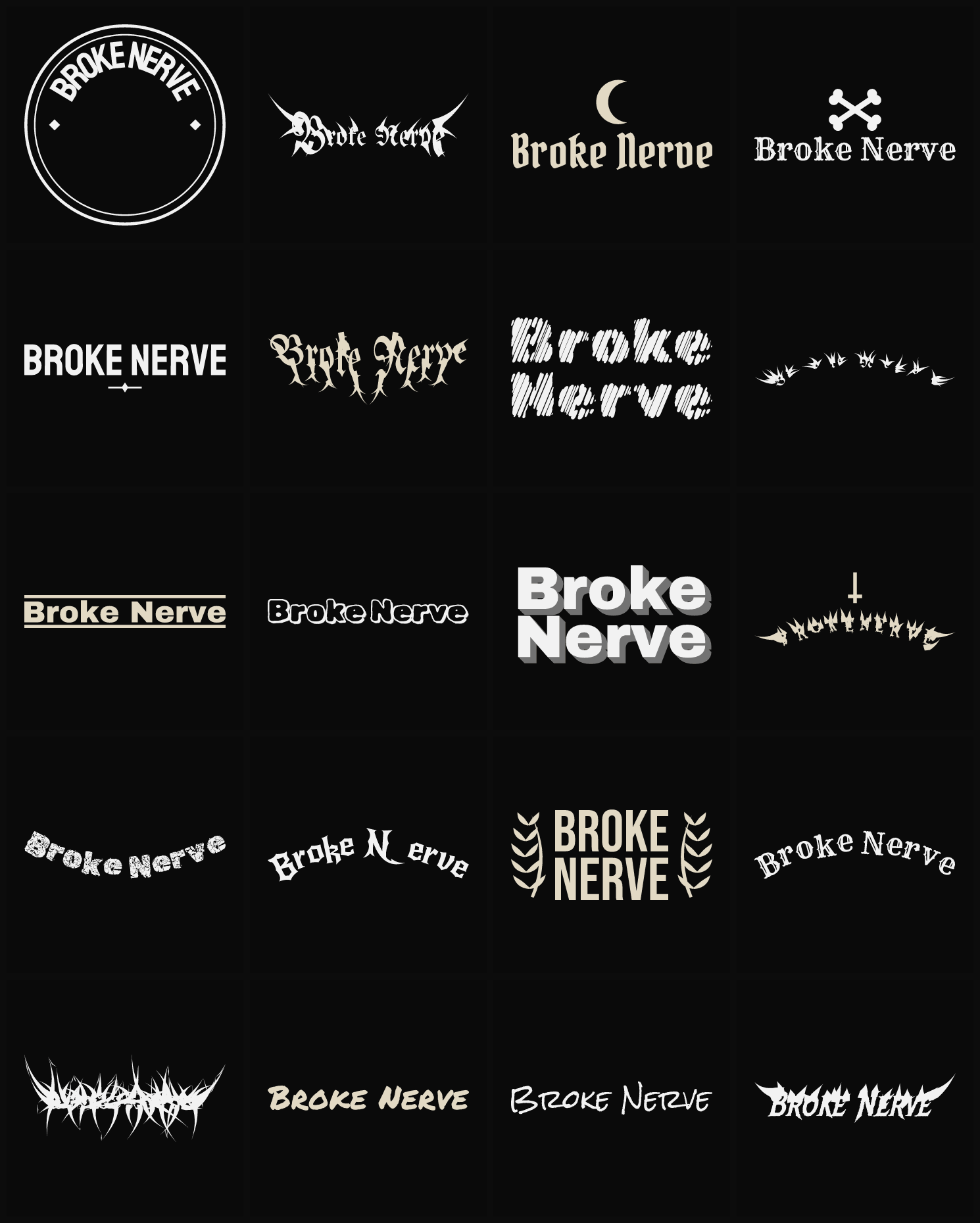 Twenty Broke Nerve band logo ideas — different faces, treatments and spike settings