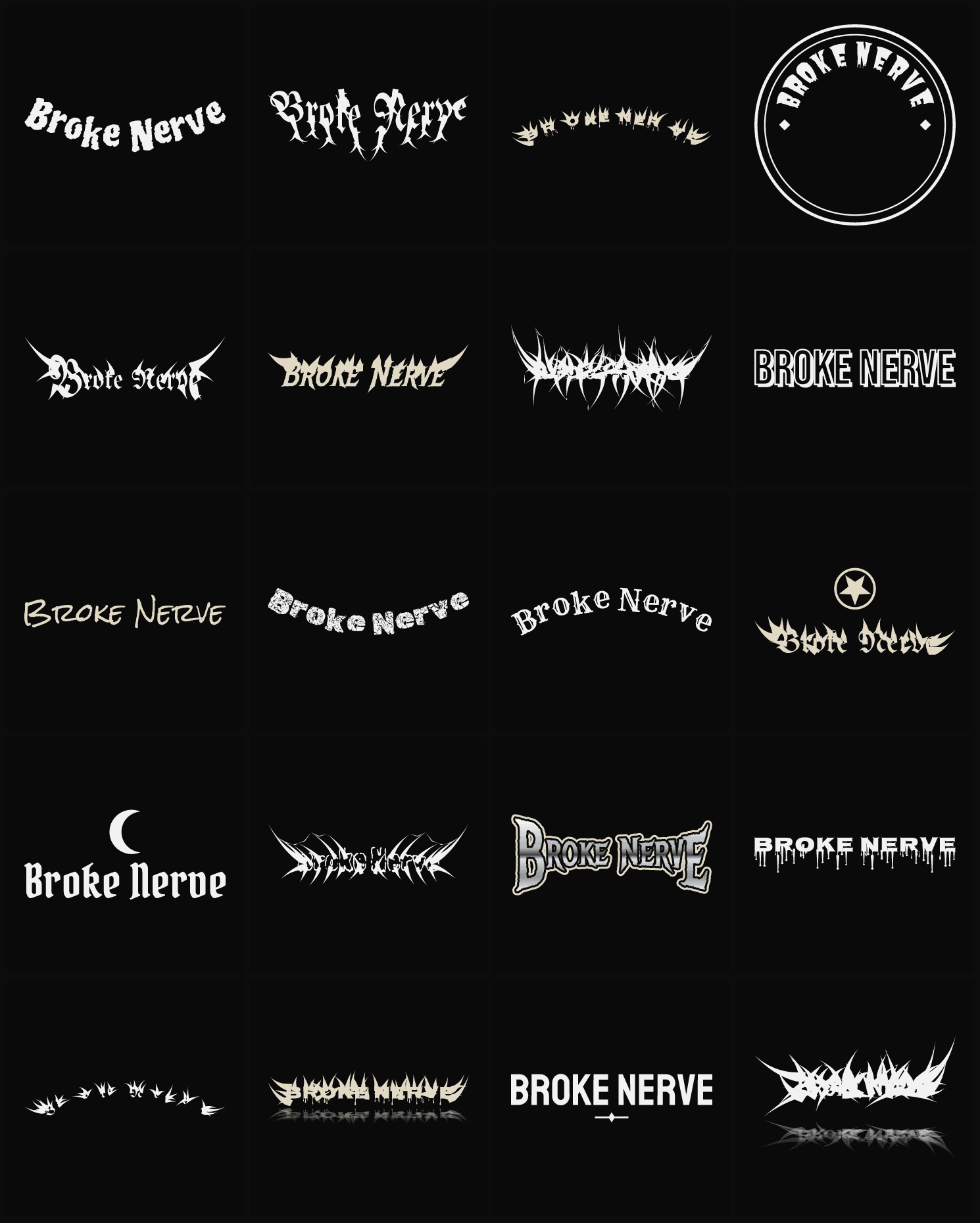 Twenty Broke Nerve band logo ideas — different faces, treatments and spike settings