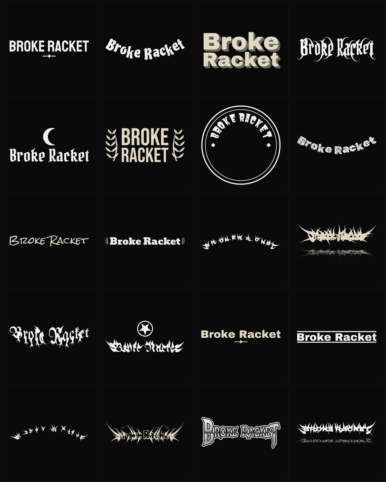 Twenty Broke Racket band logo ideas — different faces, treatments and spike settings