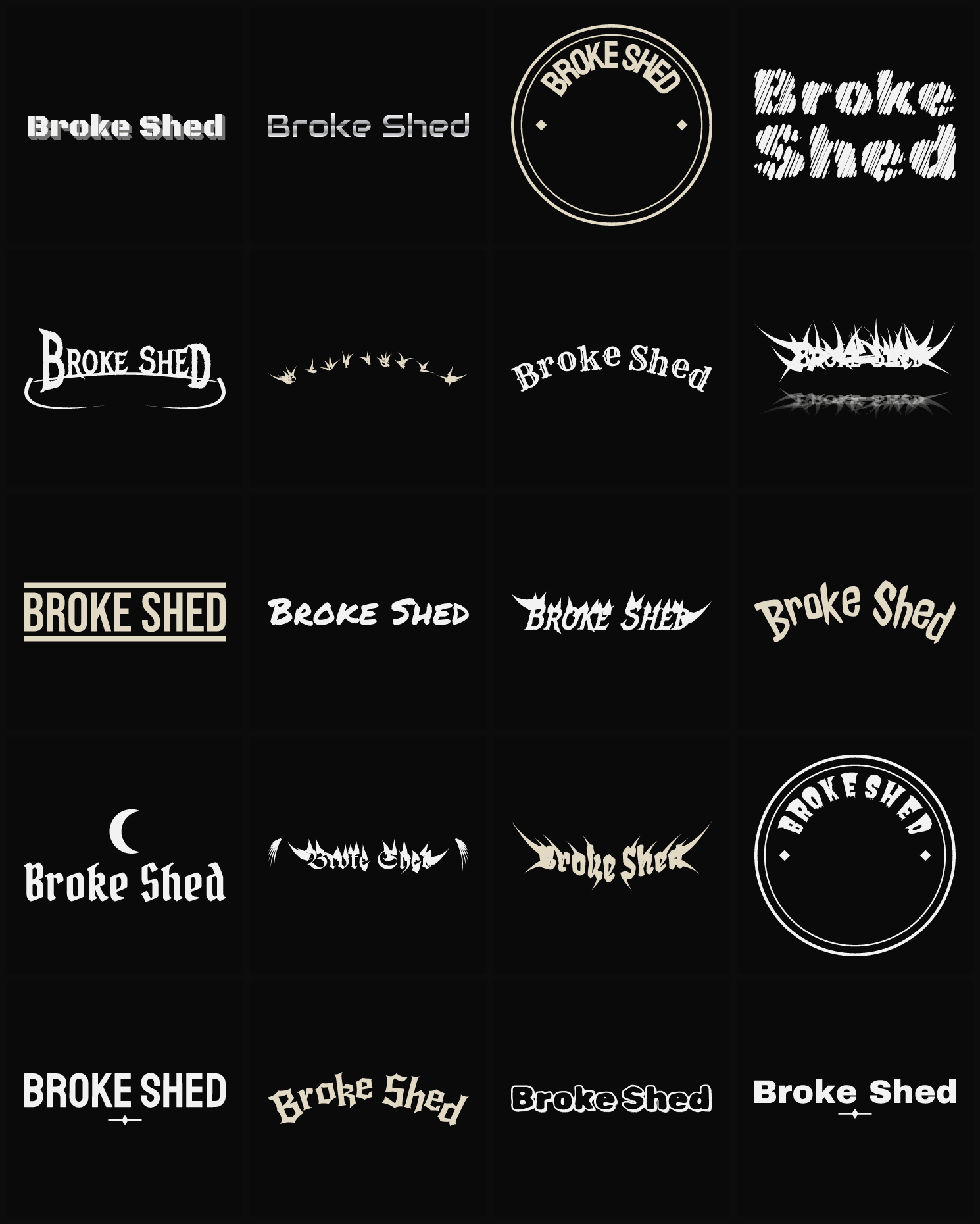 Twenty Broke Shed band logo ideas — different faces, treatments and spike settings