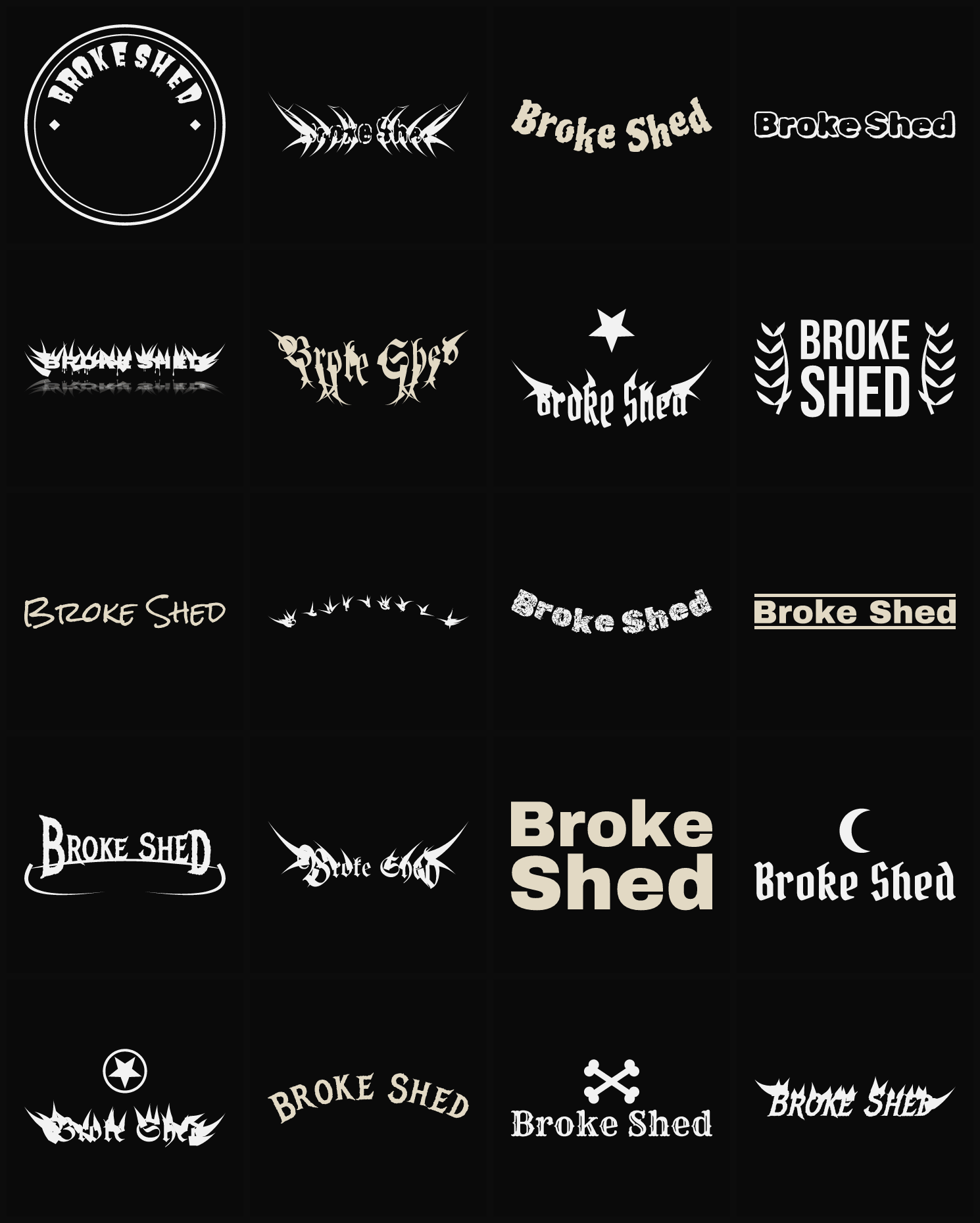 Twenty Broke Shed band logo ideas — different faces, treatments and spike settings