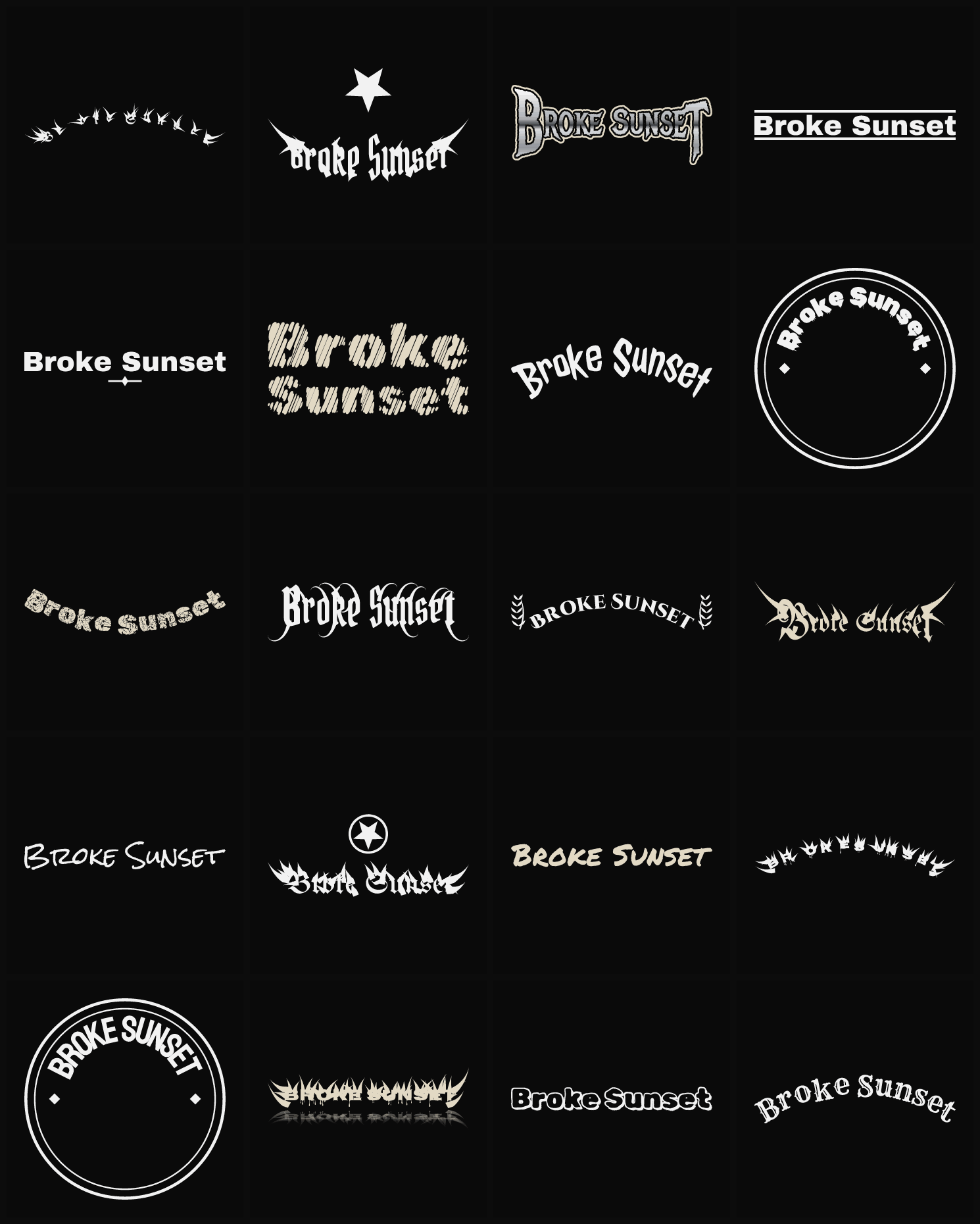 Twenty Broke Sunset band logo ideas — different faces, treatments and spike settings