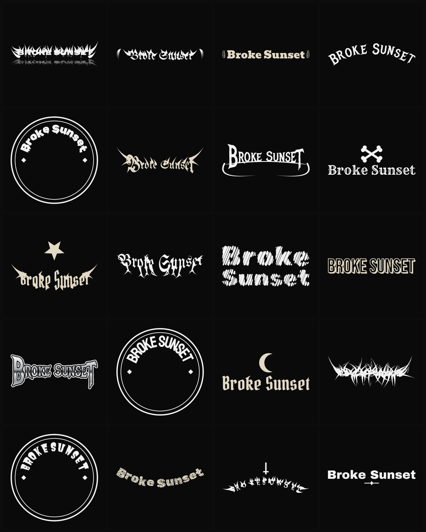 Twenty Broke Sunset band logo ideas — different faces, treatments and spike settings