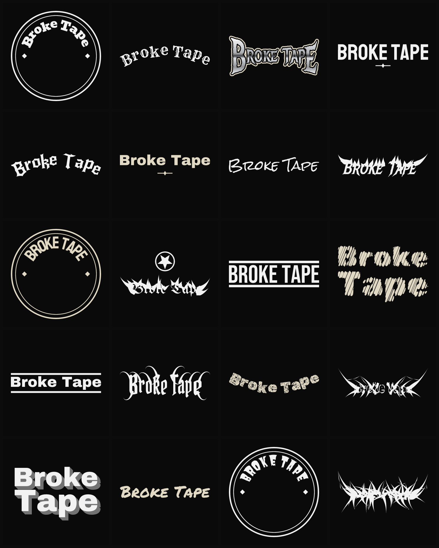 Twenty Broke Tape band logo ideas — different faces, treatments and spike settings