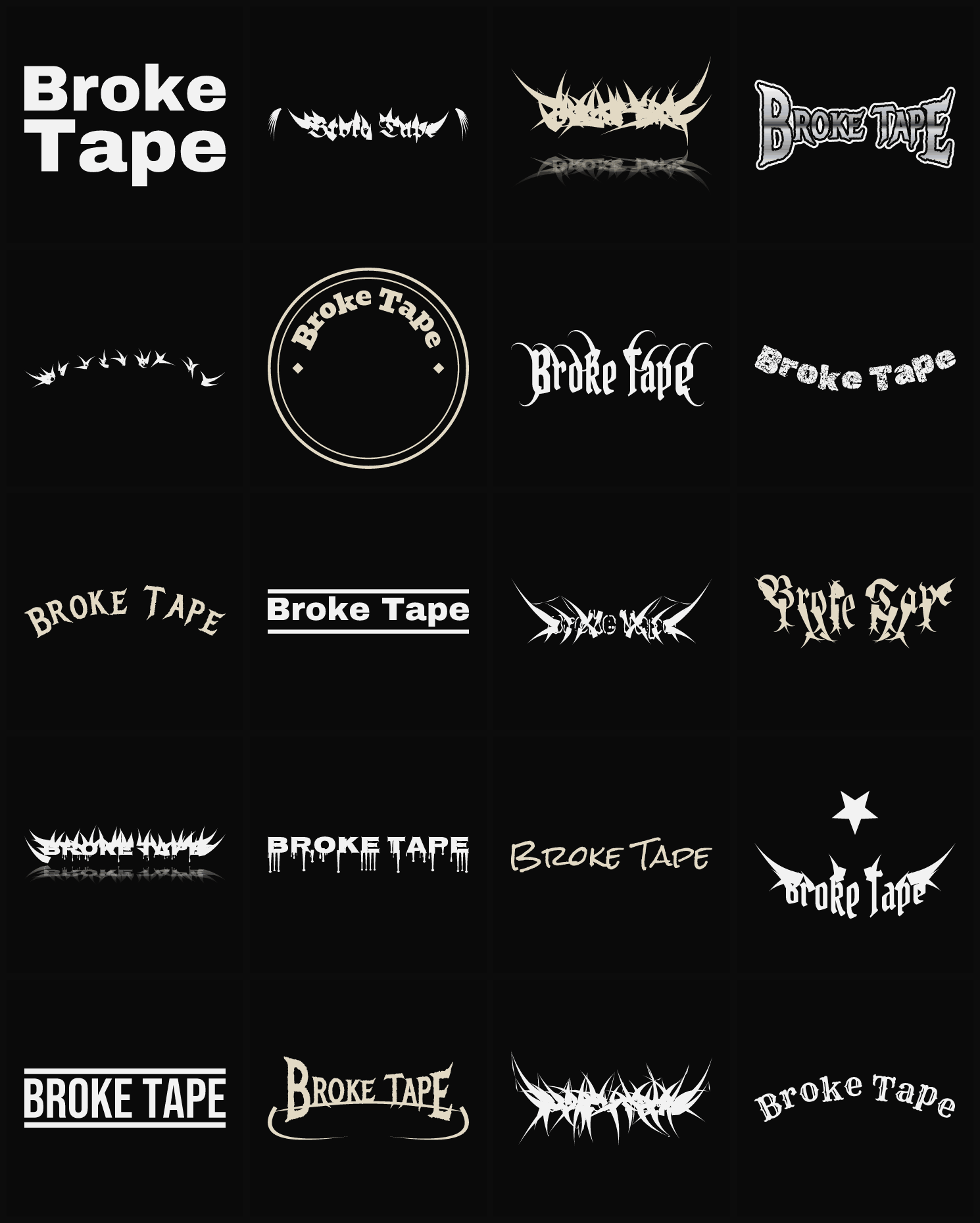 Twenty Broke Tape band logo ideas — different faces, treatments and spike settings