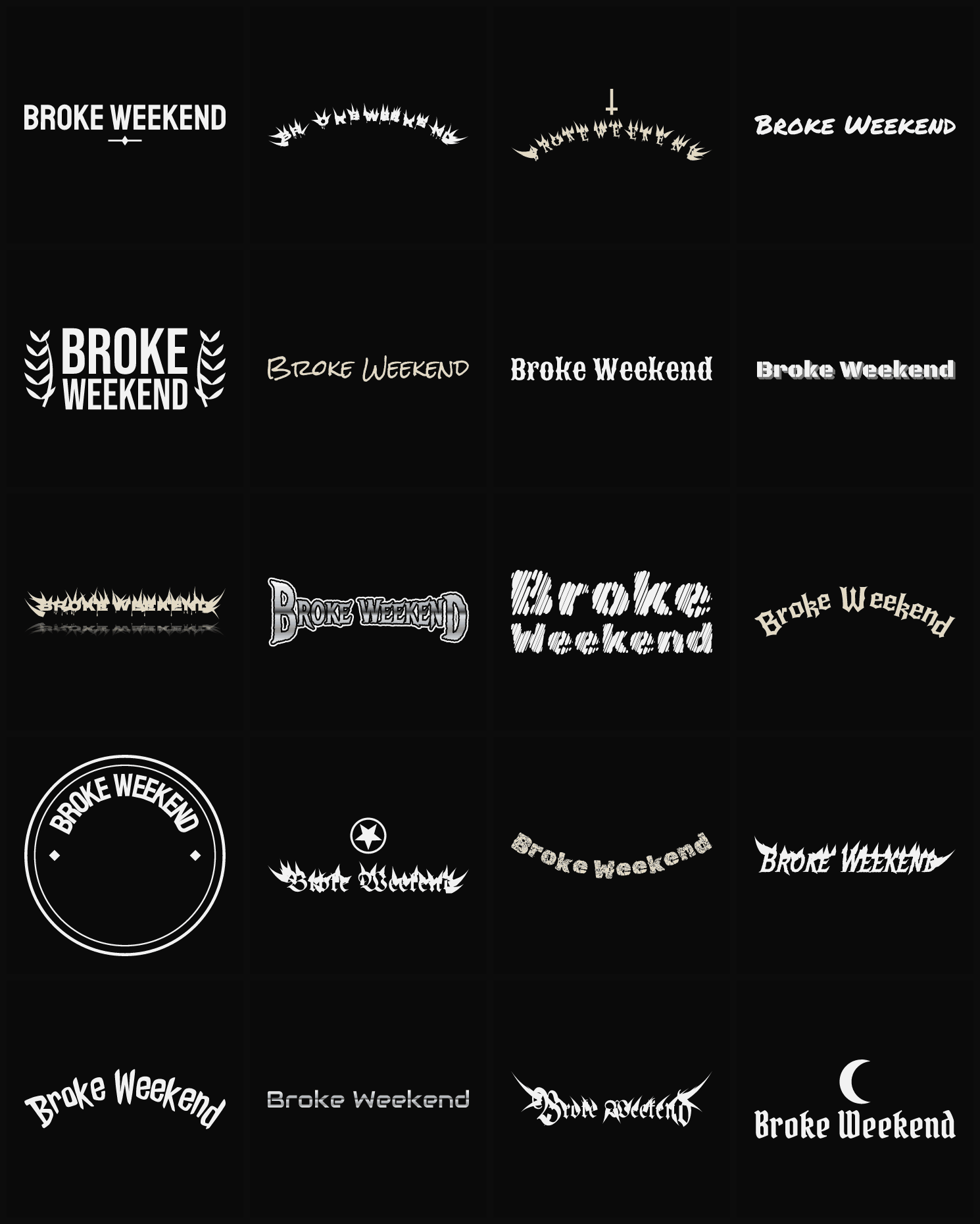 Twenty Broke Weekend band logo ideas — different faces, treatments and spike settings